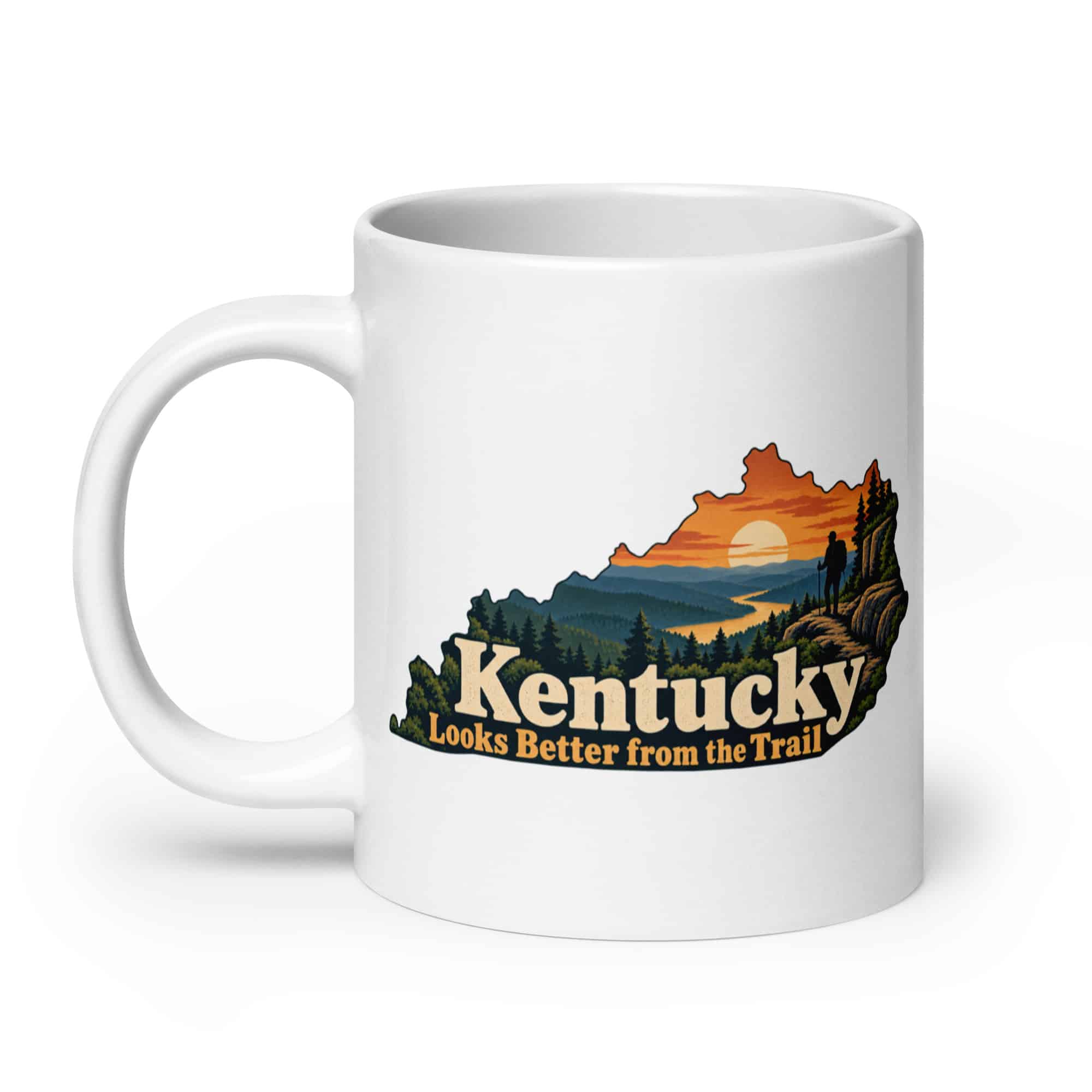 Kentucky White Ceramic Coffee Mug: Forest trail and hiking silhouette, Colorful Kentucky Silhouette