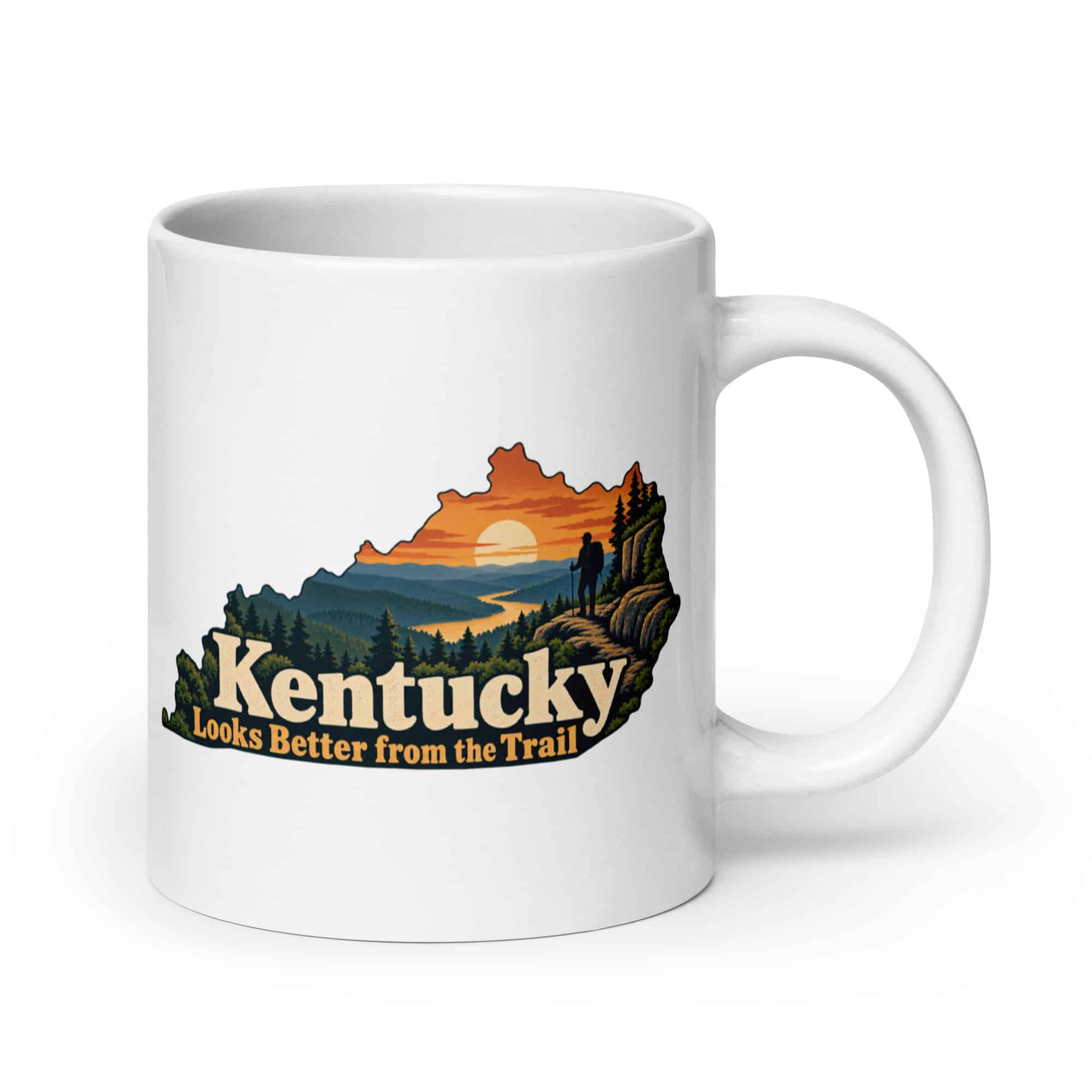Kentucky White Ceramic Coffee Mug: Forest trail and hiking silhouette, Colorful Kentucky Silhouette