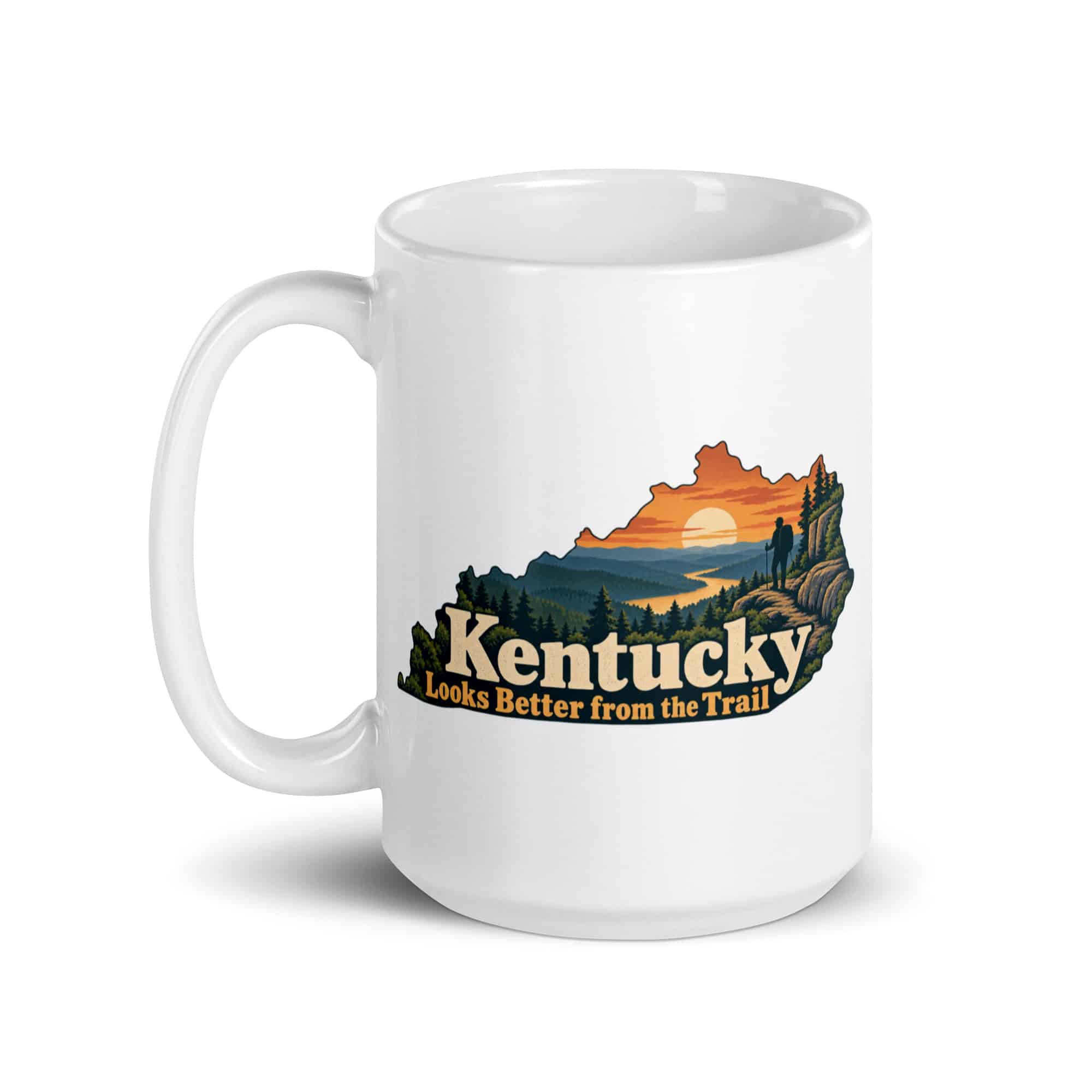 Kentucky White Ceramic Coffee Mug: Forest trail and hiking silhouette, Colorful Kentucky Silhouette