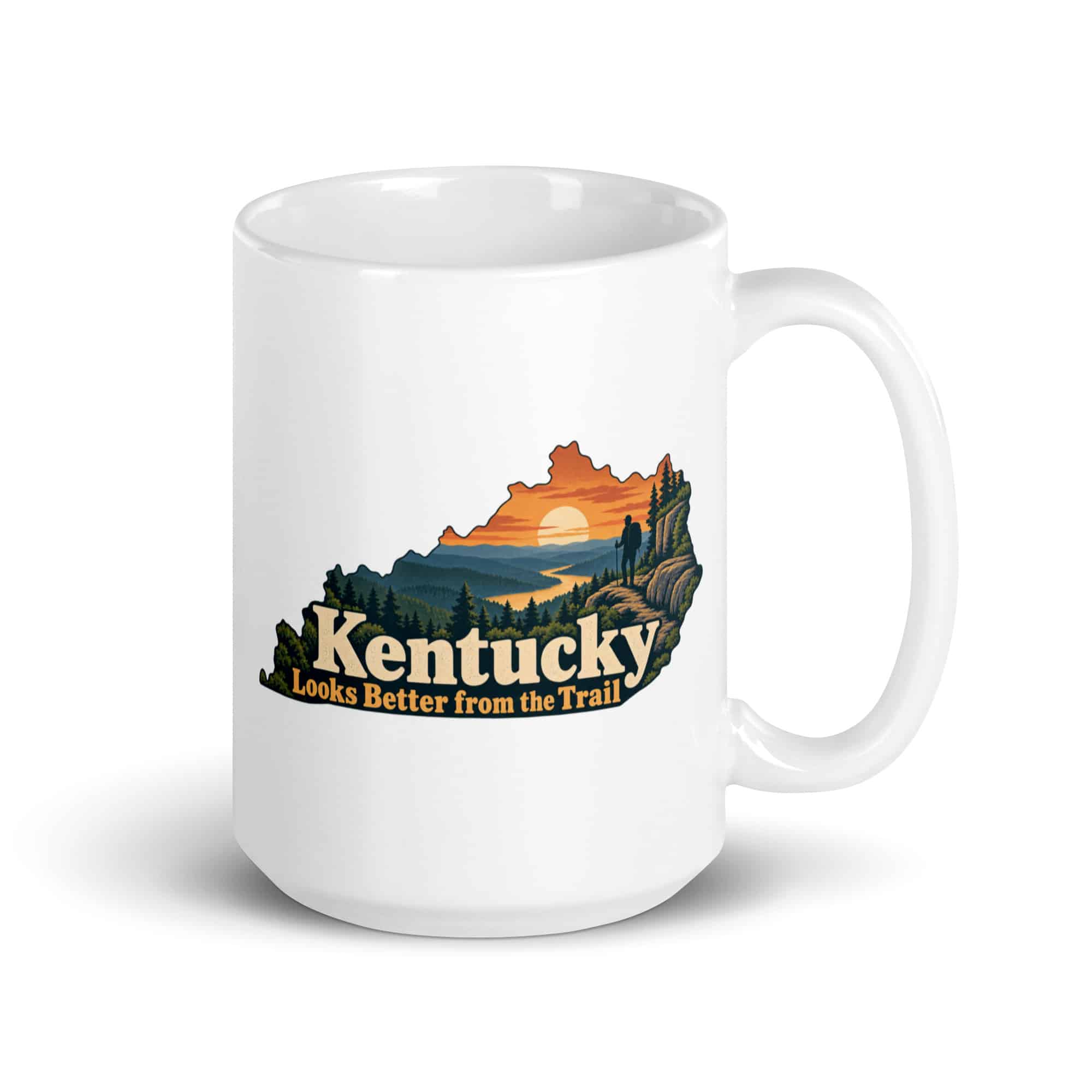 Kentucky White Ceramic Coffee Mug: Forest trail and hiking silhouette, Colorful Kentucky Silhouette