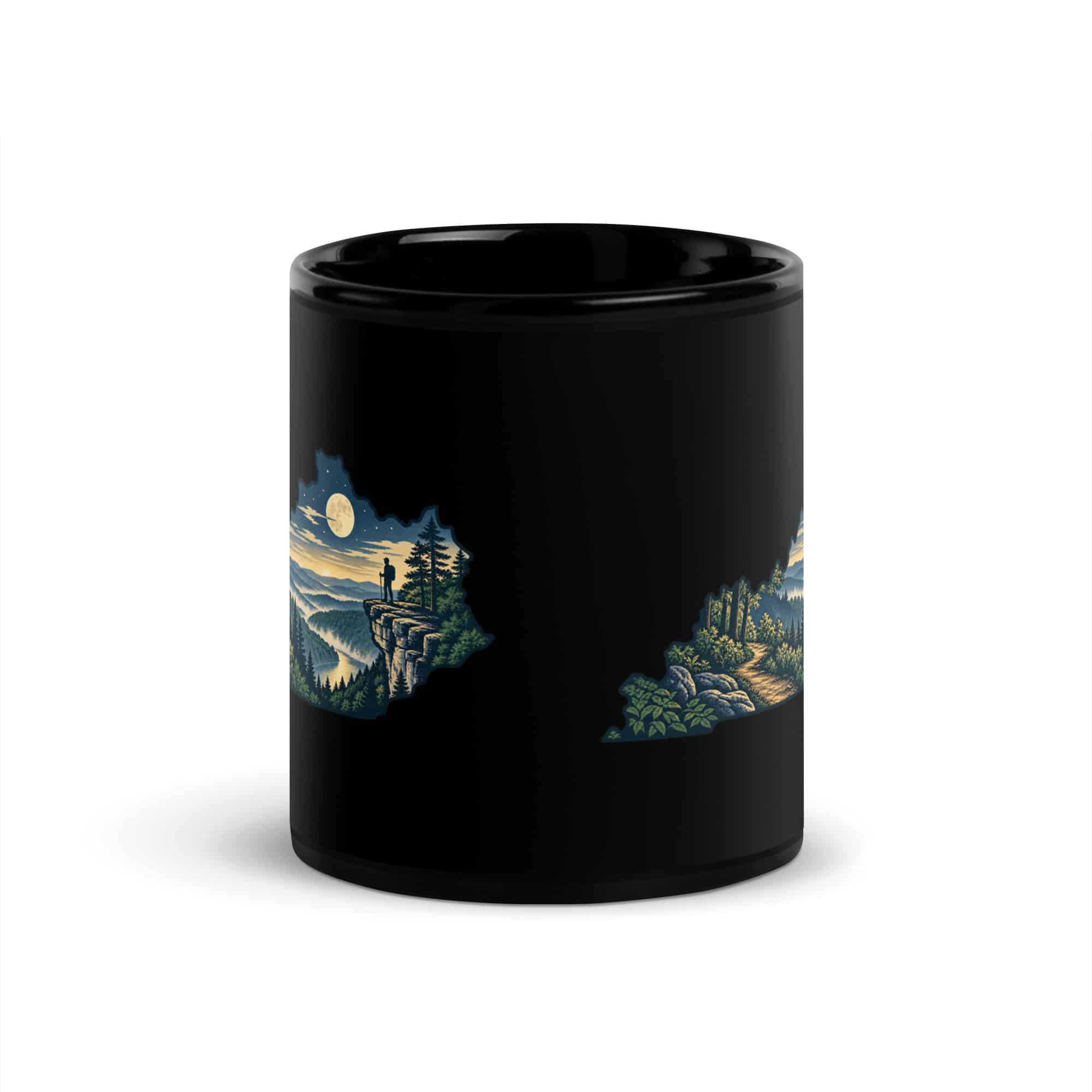 Kentucky Black Coffee Mug: Forest trail and hiking silhouette, Illustrated Kentucky Silhouette