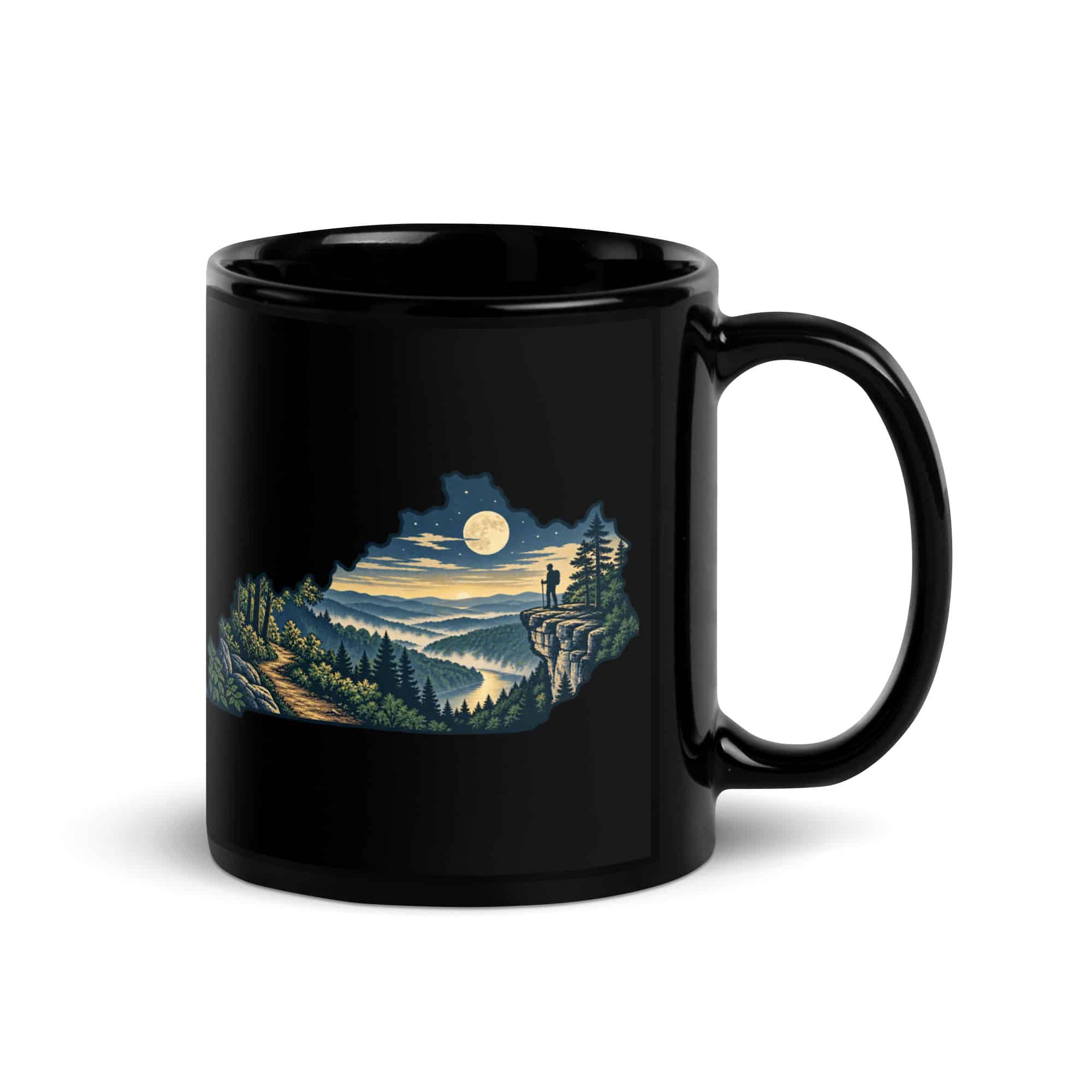 Kentucky Black Coffee Mug: Forest trail and hiking silhouette, Illustrated Kentucky Silhouette