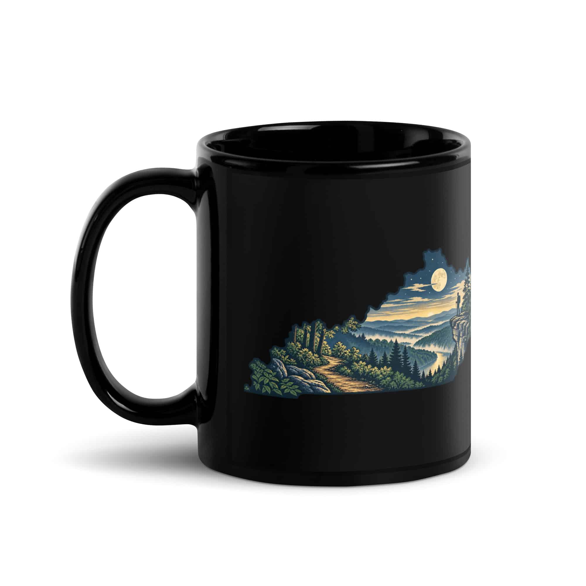 Kentucky Black Coffee Mug: Forest trail and hiking silhouette, Illustrated Kentucky Silhouette
