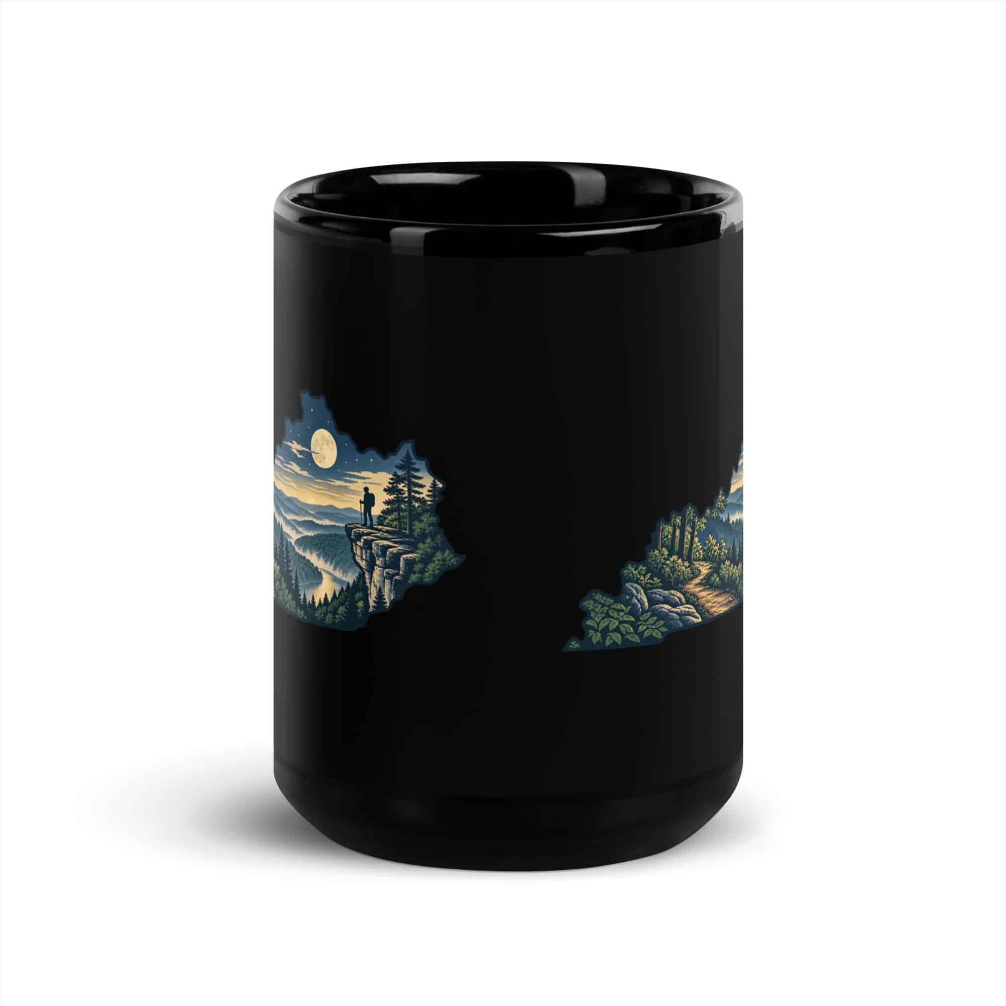 Kentucky Black Coffee Mug: Forest trail and hiking silhouette, Illustrated Kentucky Silhouette