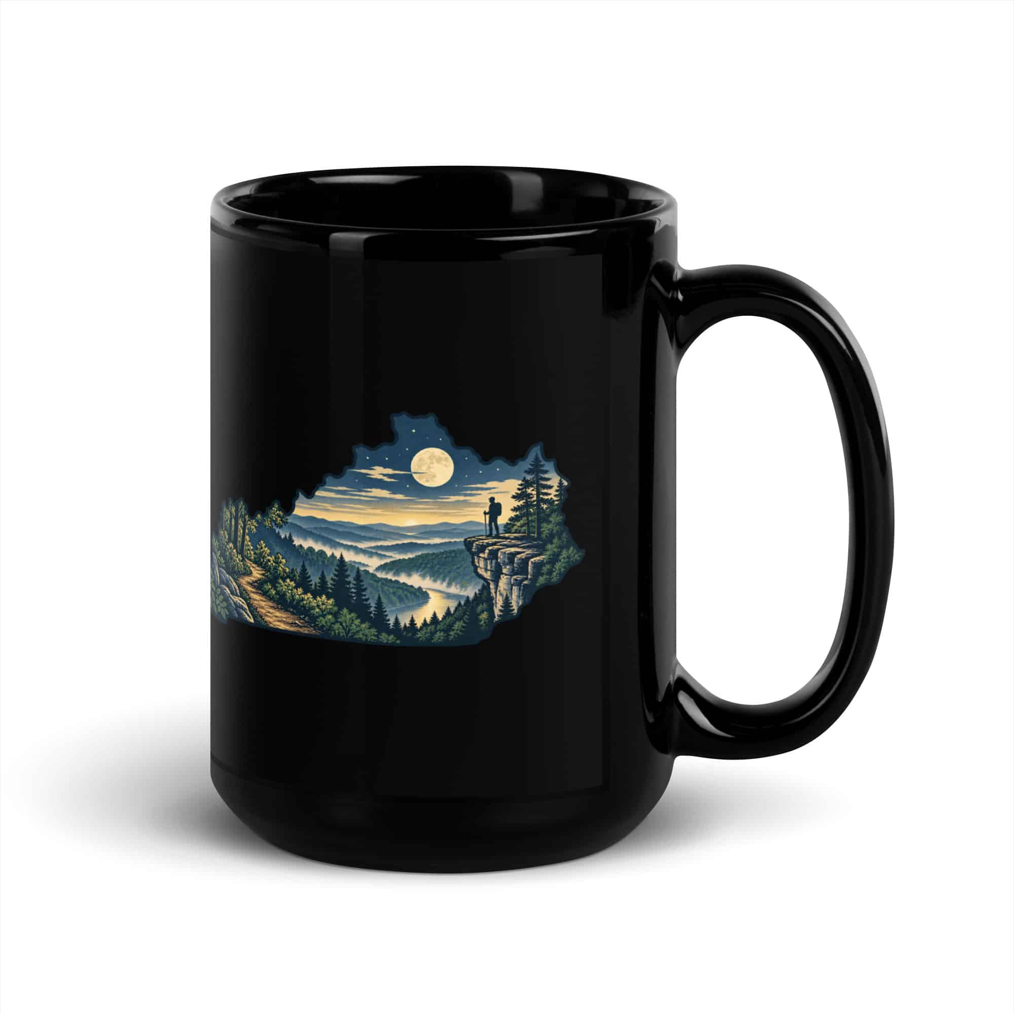 Kentucky Black Coffee Mug: Forest trail and hiking silhouette, Illustrated Kentucky Silhouette