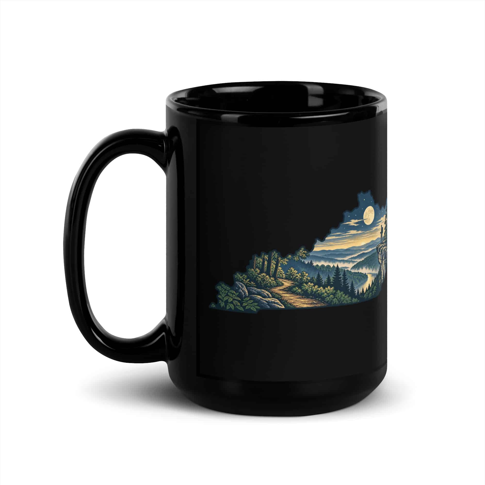Kentucky Black Coffee Mug: Forest trail and hiking silhouette, Illustrated Kentucky Silhouette
