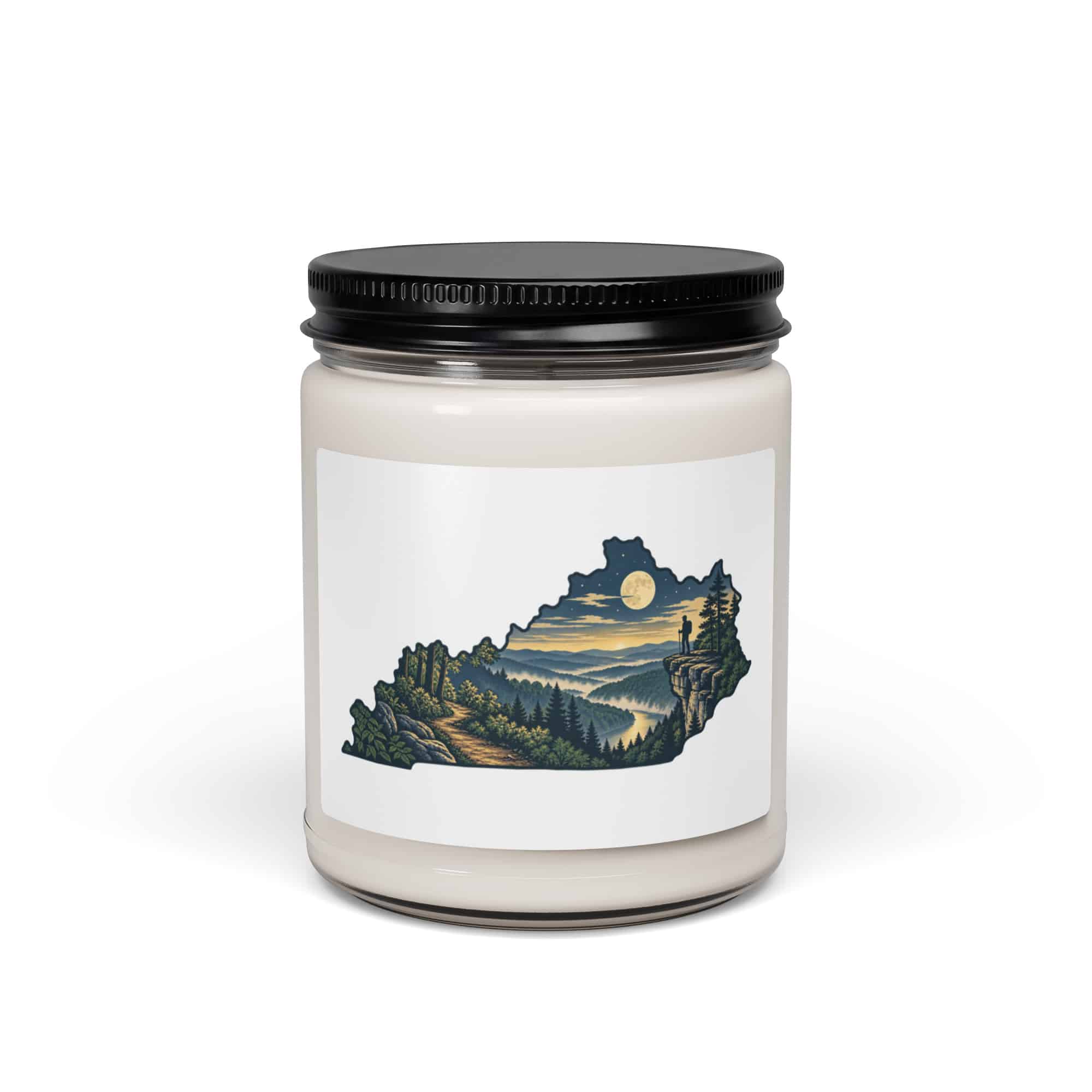 Kentucky Soy Wax Candle: Forest trail and hiking silhouette, Illustrated Kentucky Silhouette