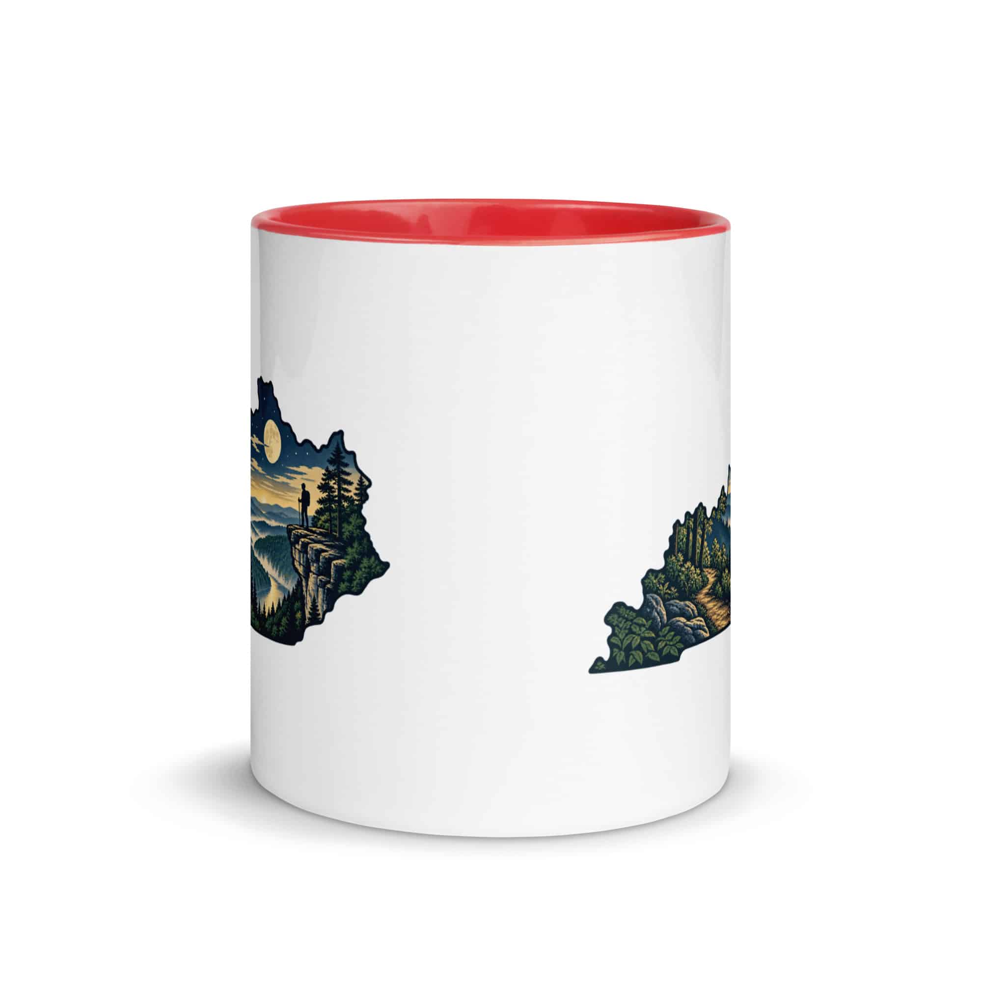 Kentucky Color Inside Coffee Mug: Forest trail and hiking silhouette, Illustrated Kentucky Silhouette