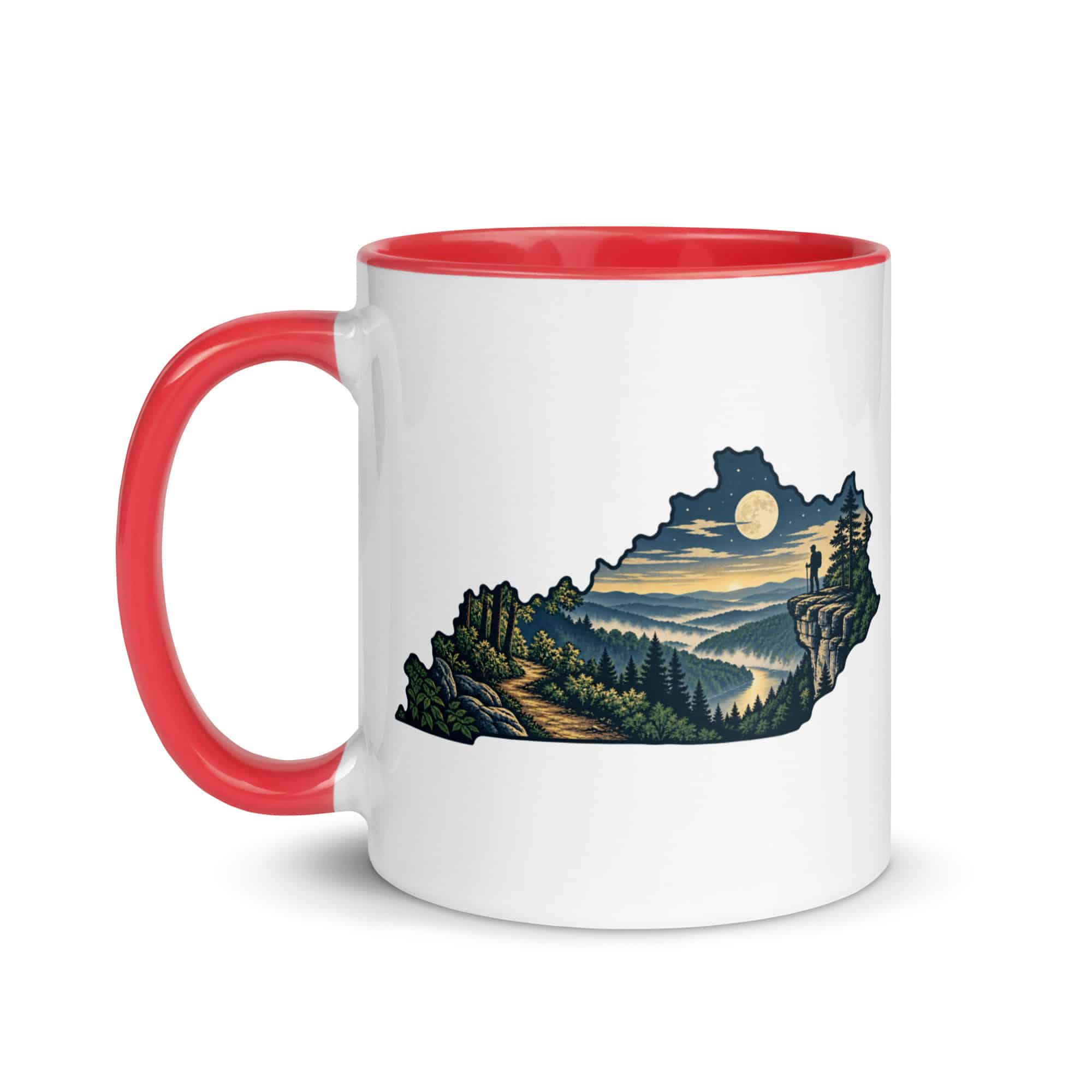 Kentucky Color Inside Coffee Mug: Forest trail and hiking silhouette, Illustrated Kentucky Silhouette