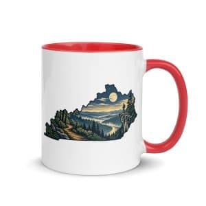 Kentucky Color Inside Coffee Mug: Forest trail and hiking silhouette, Illustrated Kentucky Silhouette - 11 oz - Main