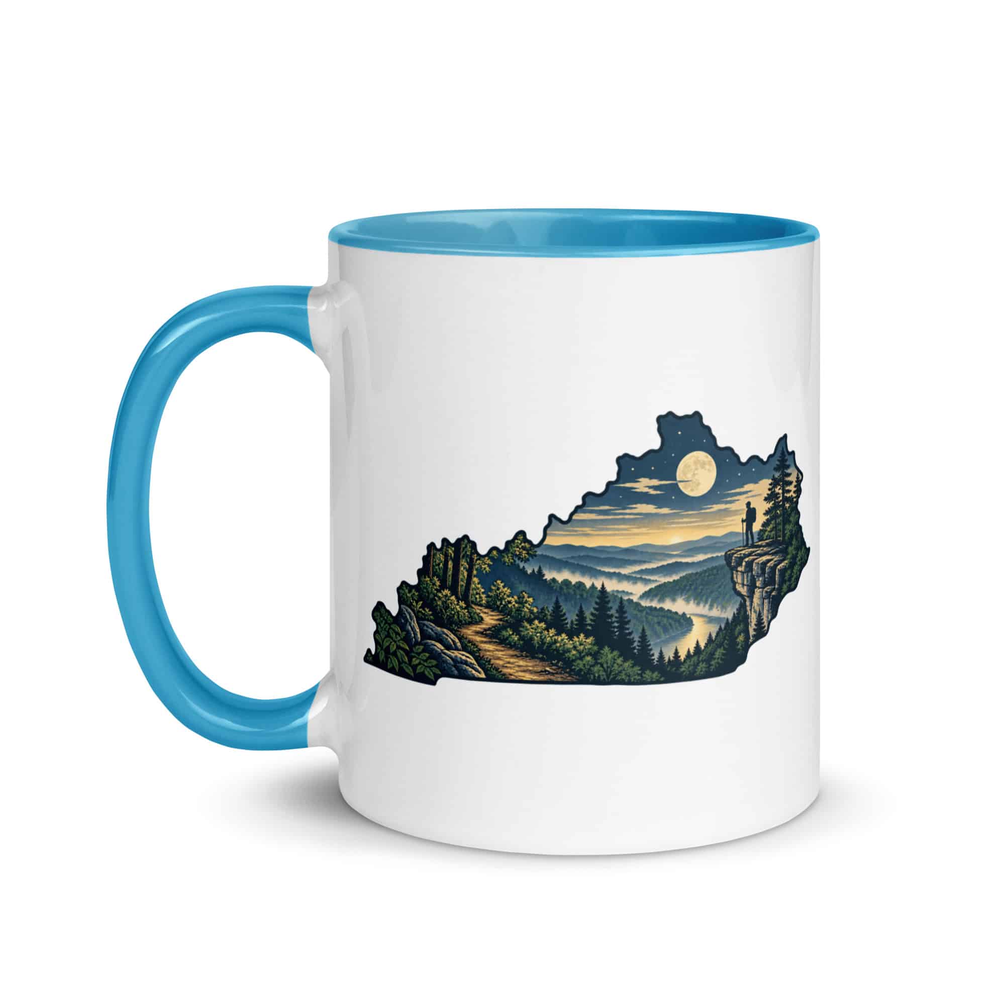 Kentucky Color Inside Coffee Mug: Forest trail and hiking silhouette, Illustrated Kentucky Silhouette