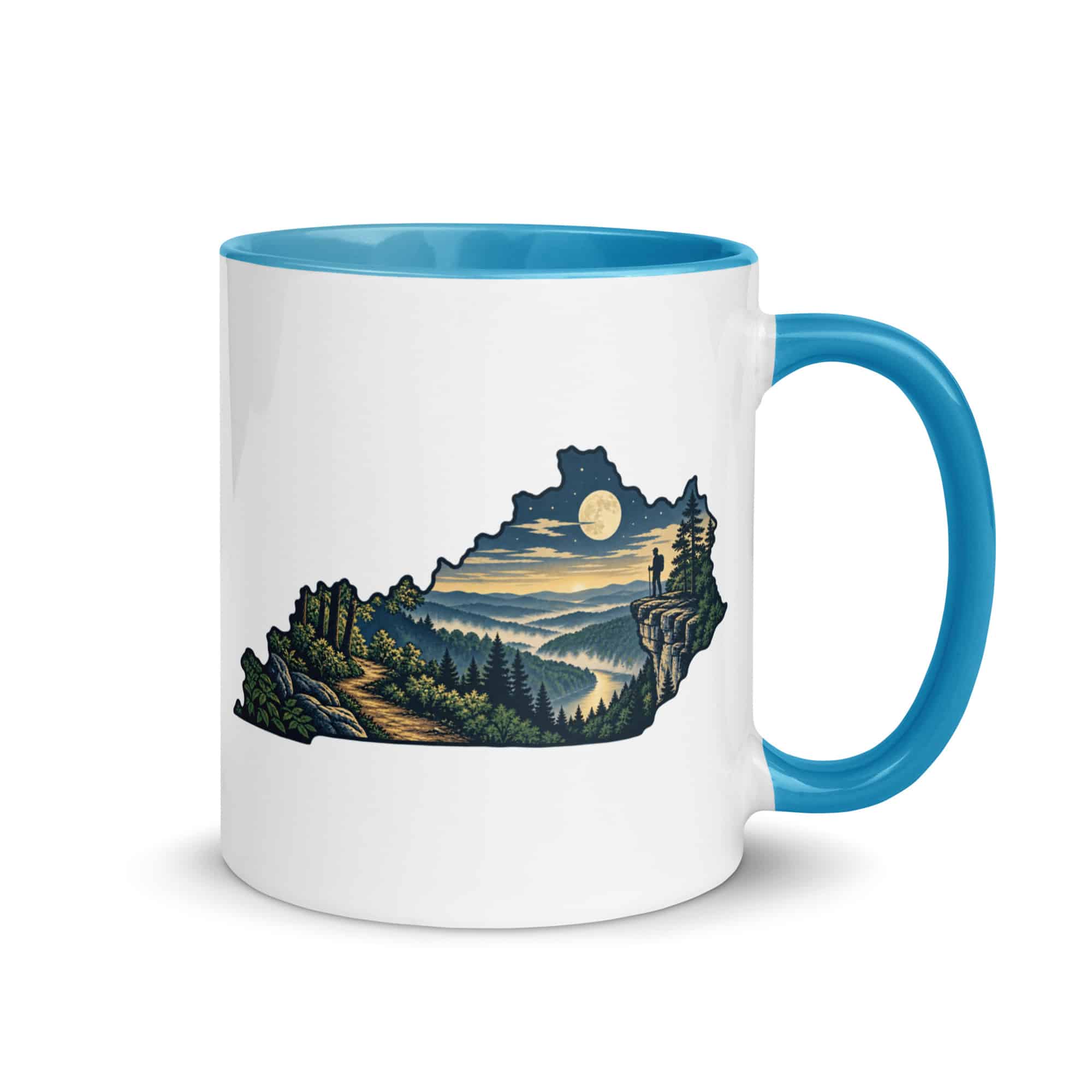 Kentucky Color Inside Coffee Mug: Forest trail and hiking silhouette, Illustrated Kentucky Silhouette