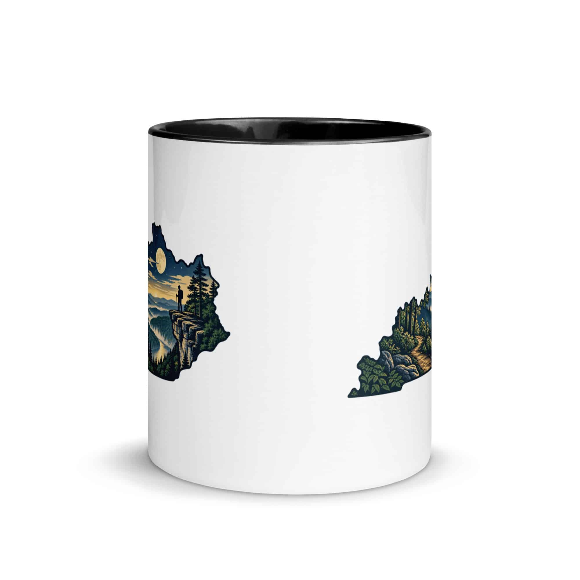 Kentucky Color Inside Coffee Mug: Forest trail and hiking silhouette, Illustrated Kentucky Silhouette