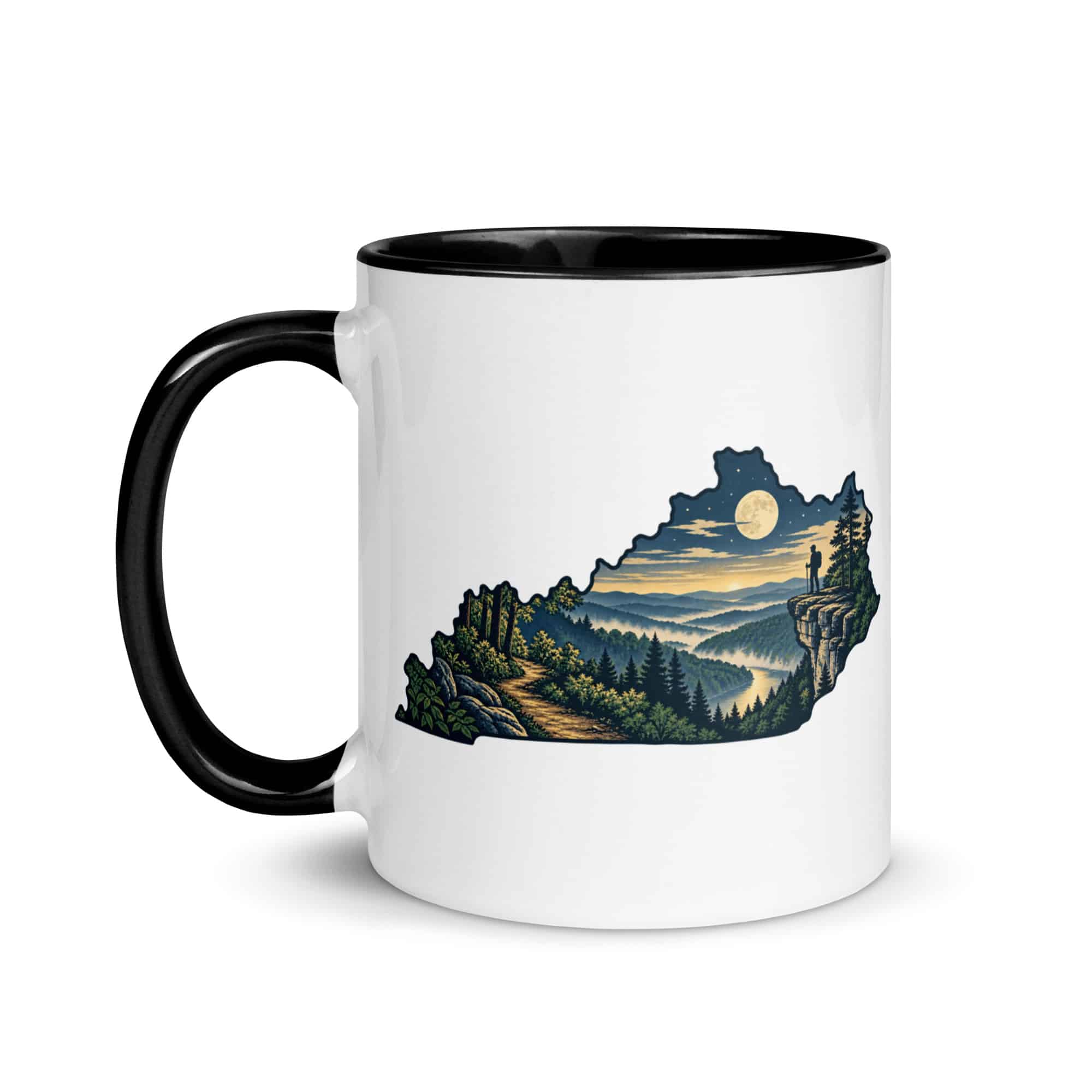 Kentucky Color Inside Coffee Mug: Forest trail and hiking silhouette, Illustrated Kentucky Silhouette