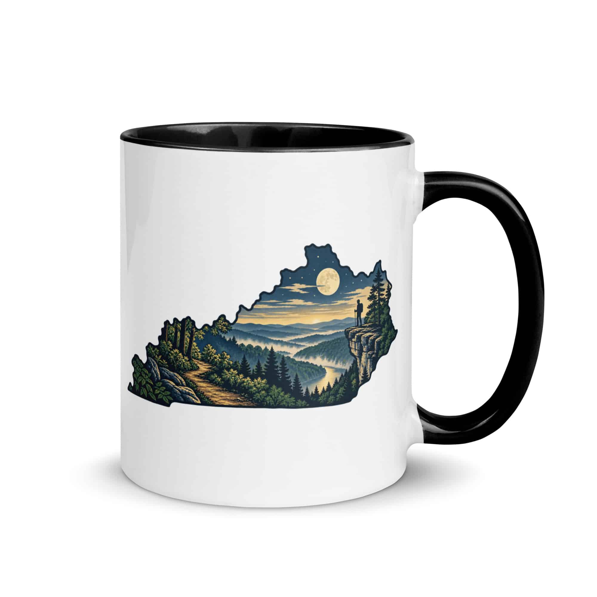 Kentucky Color Inside Coffee Mug: Forest trail and hiking silhouette, Illustrated Kentucky Silhouette