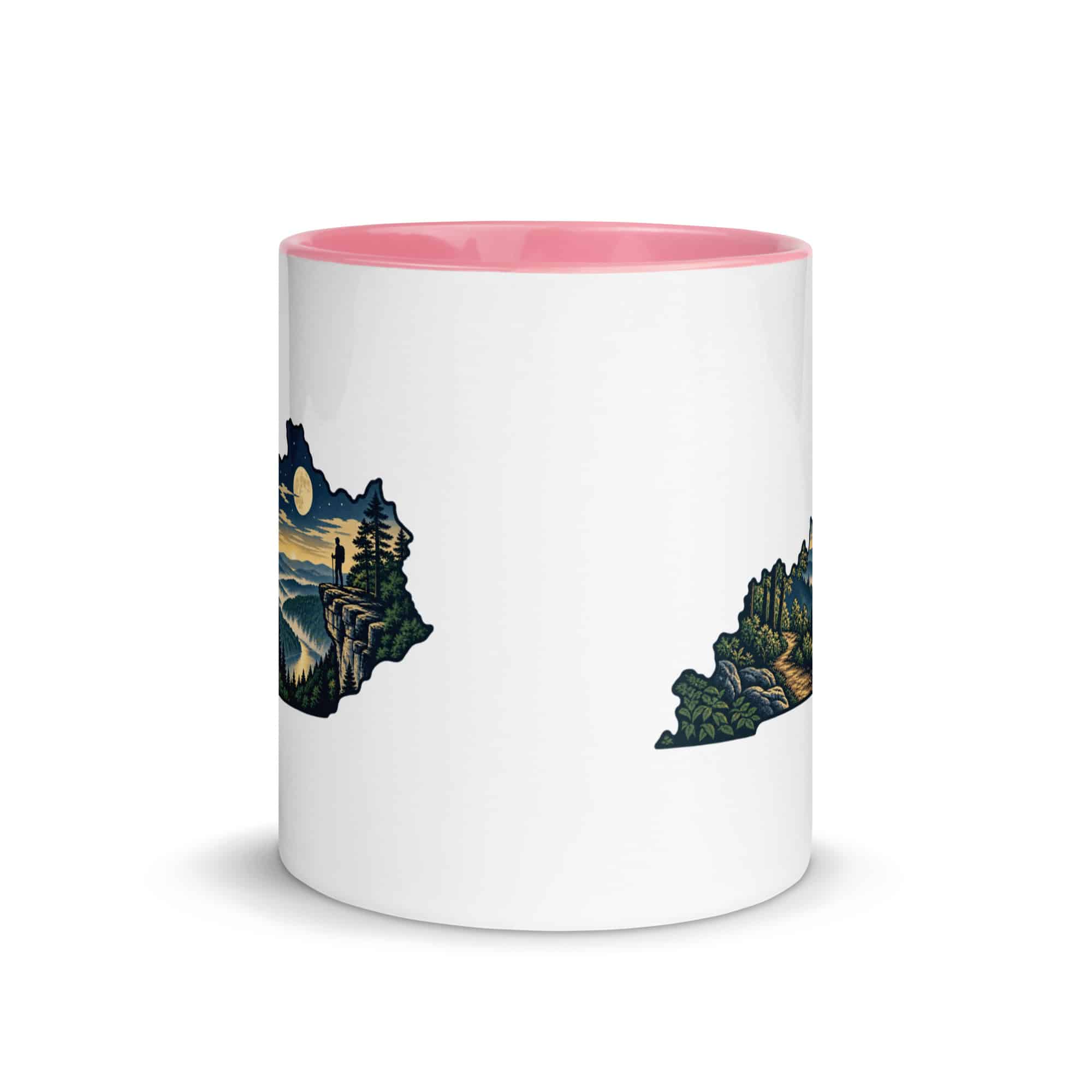 Kentucky Color Inside Coffee Mug: Forest trail and hiking silhouette, Illustrated Kentucky Silhouette