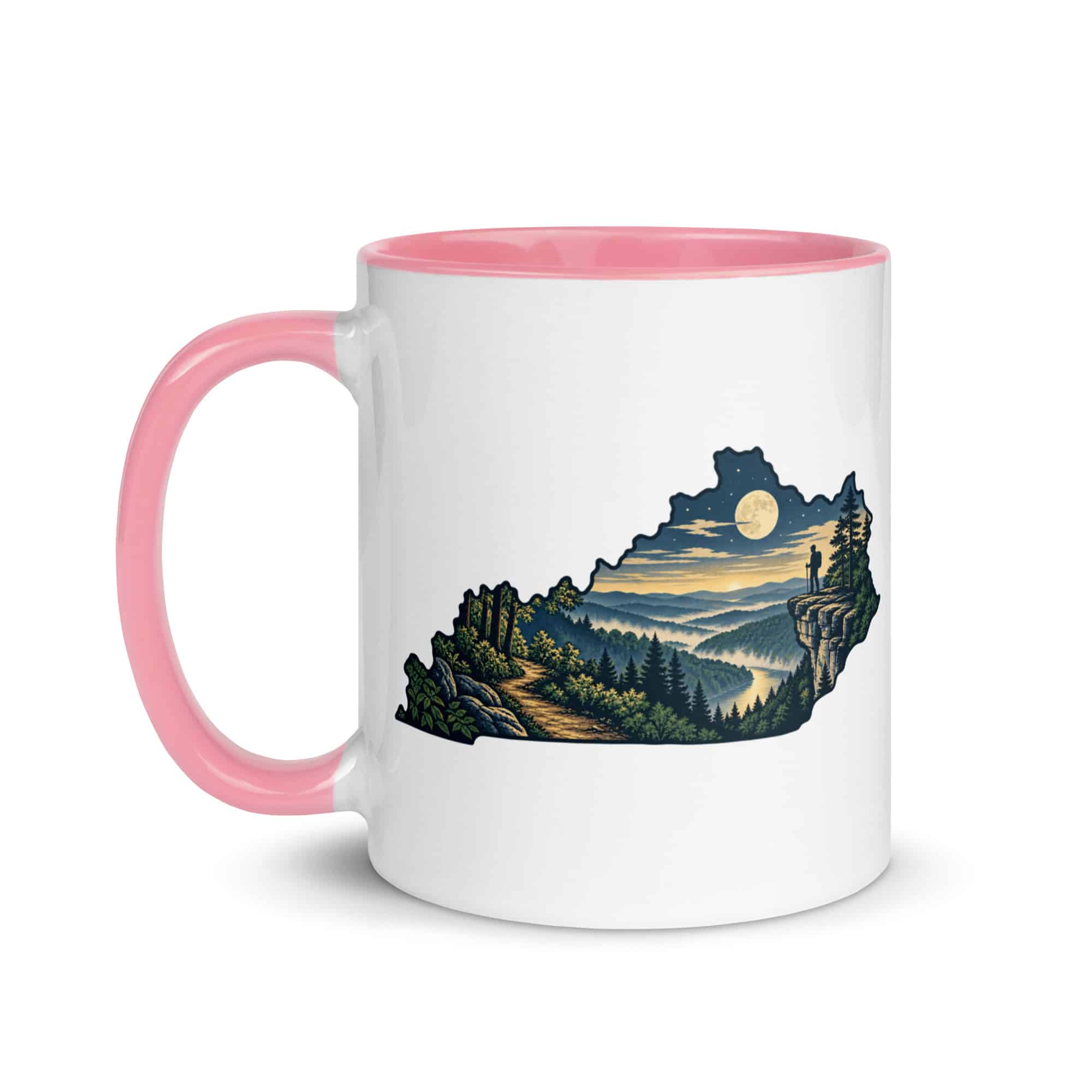 Kentucky Color Inside Coffee Mug: Forest trail and hiking silhouette, Illustrated Kentucky Silhouette