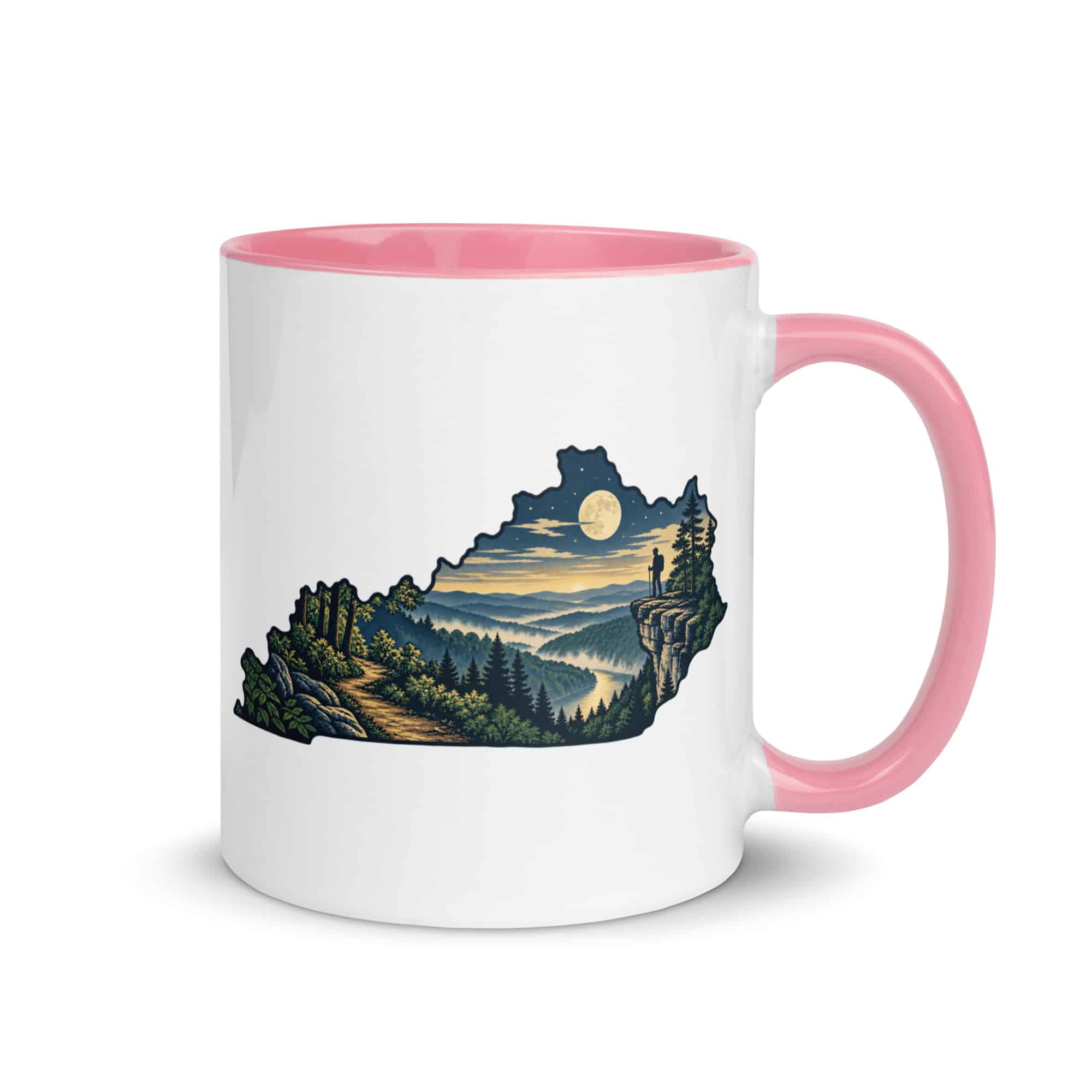 Kentucky Color Inside Coffee Mug: Forest trail and hiking silhouette, Illustrated Kentucky Silhouette