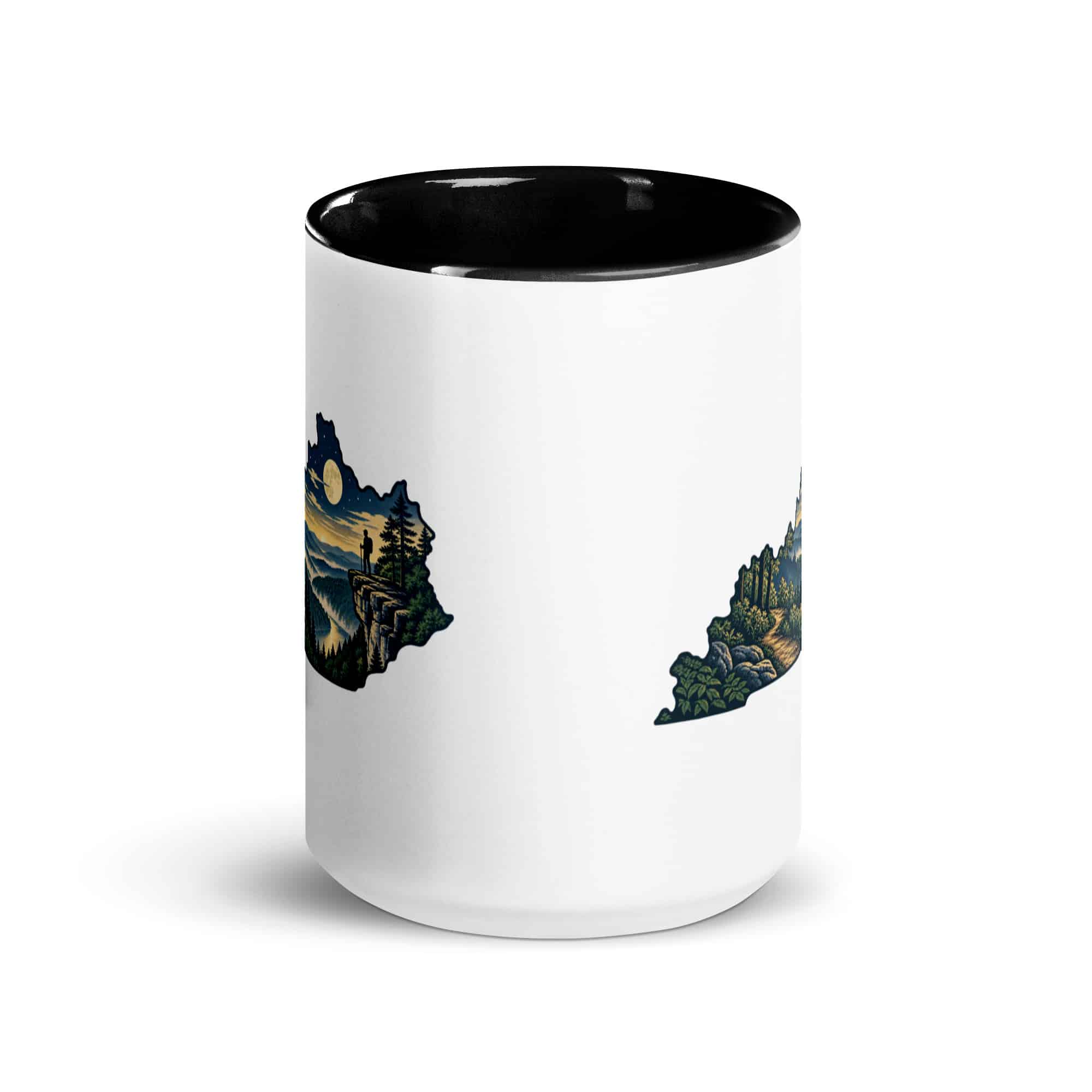 Kentucky Color Inside Coffee Mug: Forest trail and hiking silhouette, Illustrated Kentucky Silhouette
