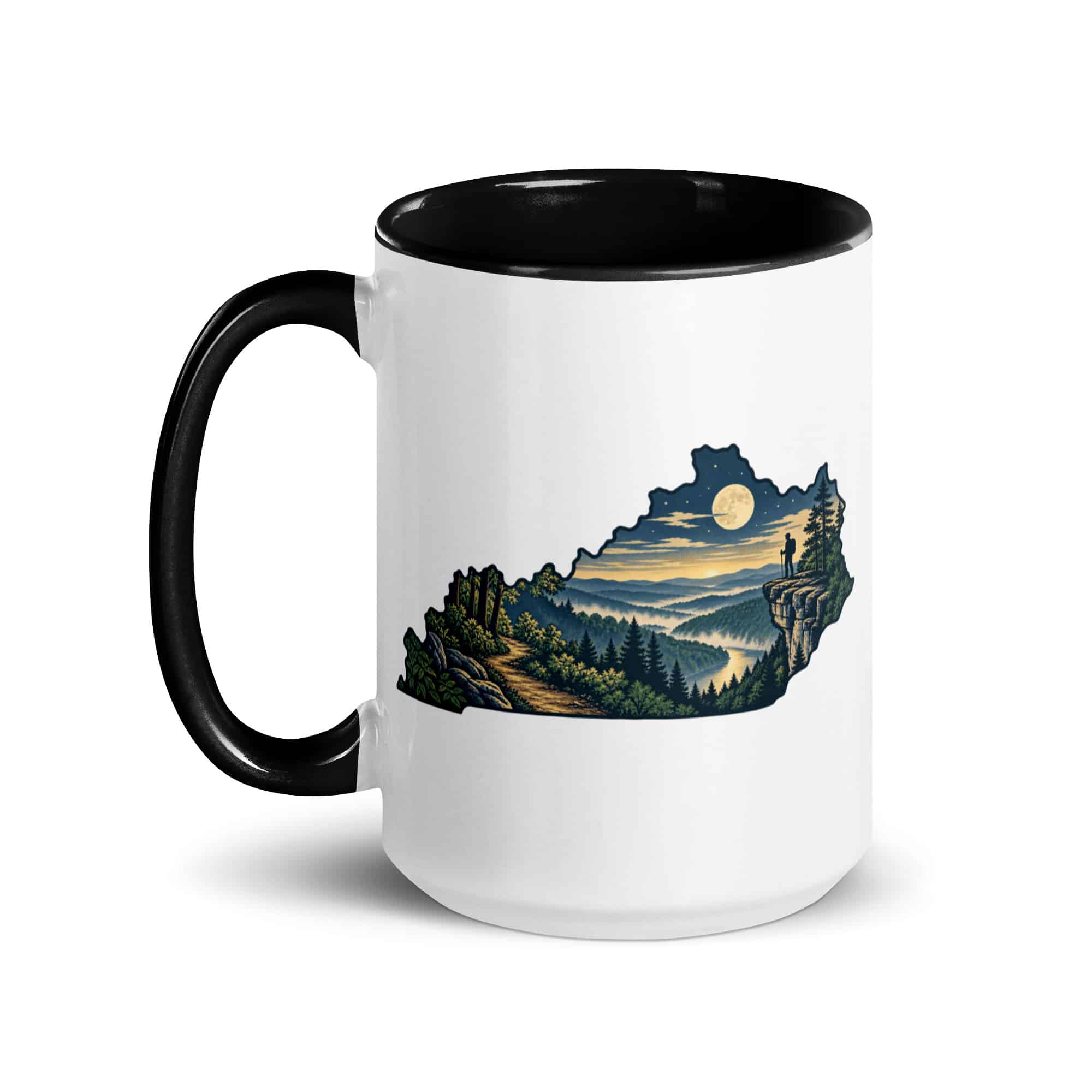 Kentucky Color Inside Coffee Mug: Forest trail and hiking silhouette, Illustrated Kentucky Silhouette