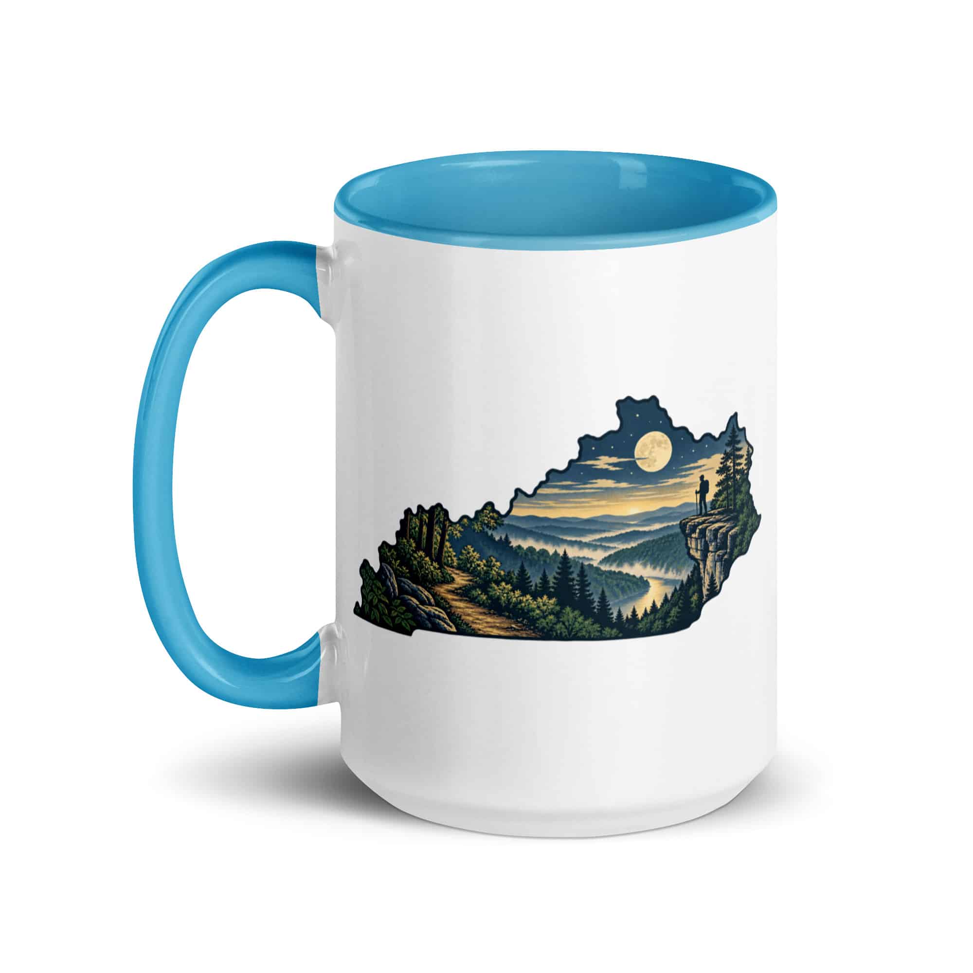 Kentucky Color Inside Coffee Mug: Forest trail and hiking silhouette, Illustrated Kentucky Silhouette