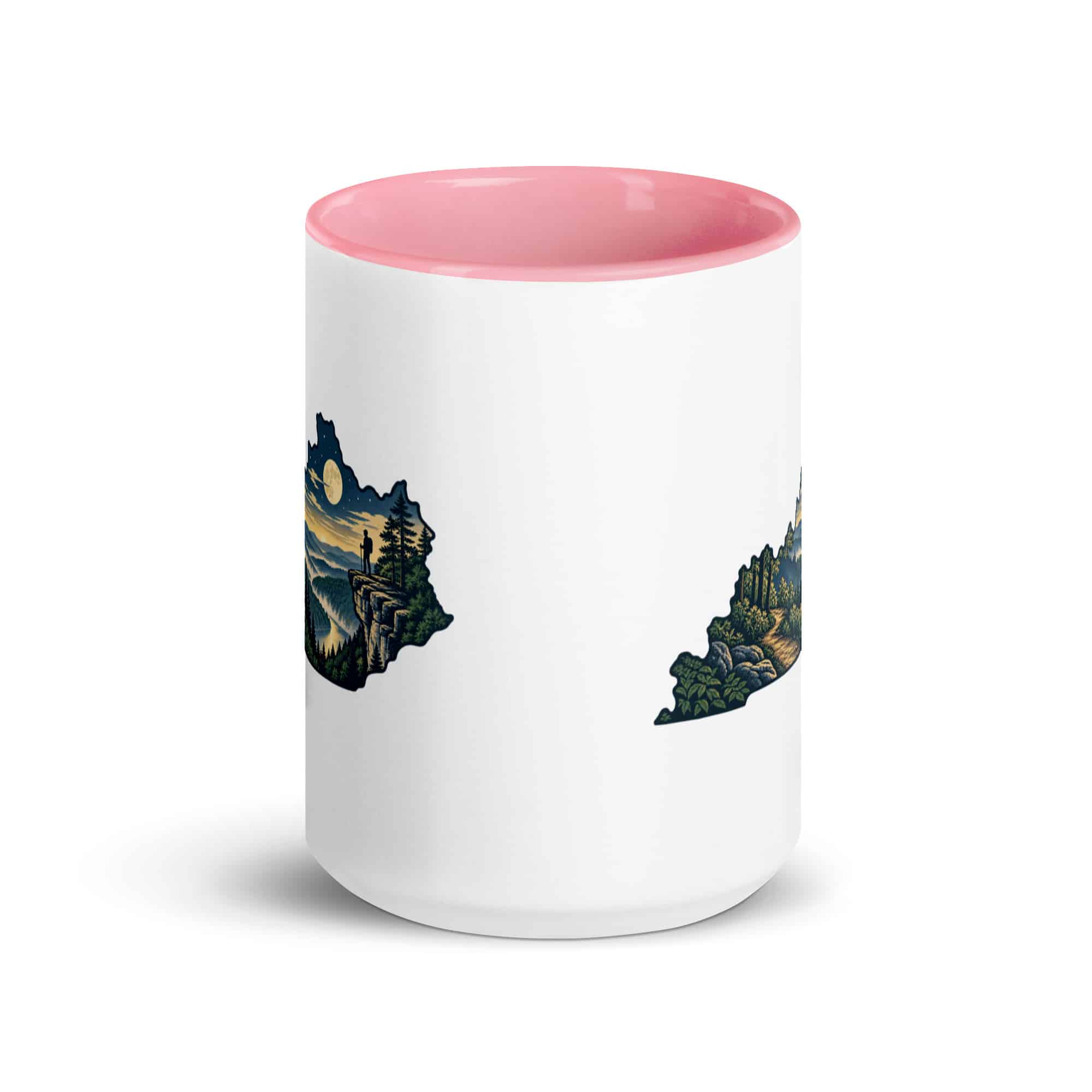 Kentucky Color Inside Coffee Mug: Forest trail and hiking silhouette, Illustrated Kentucky Silhouette