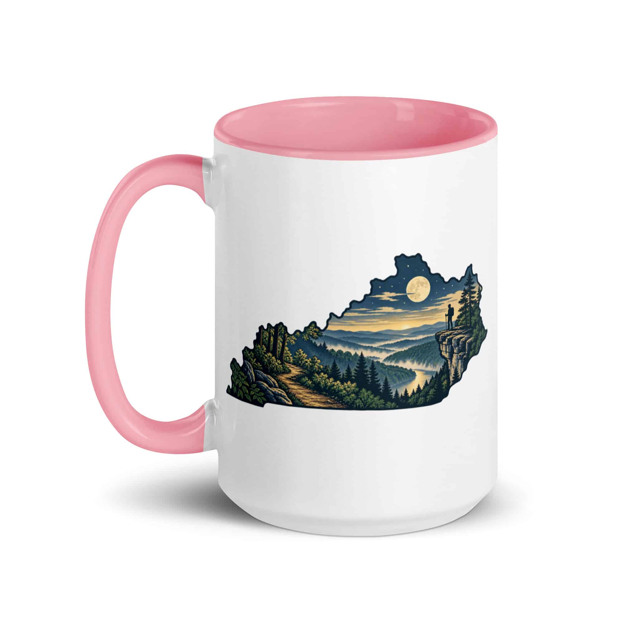 Kentucky Color Inside Coffee Mug: Forest trail and hiking silhouette, Illustrated Kentucky Silhouette