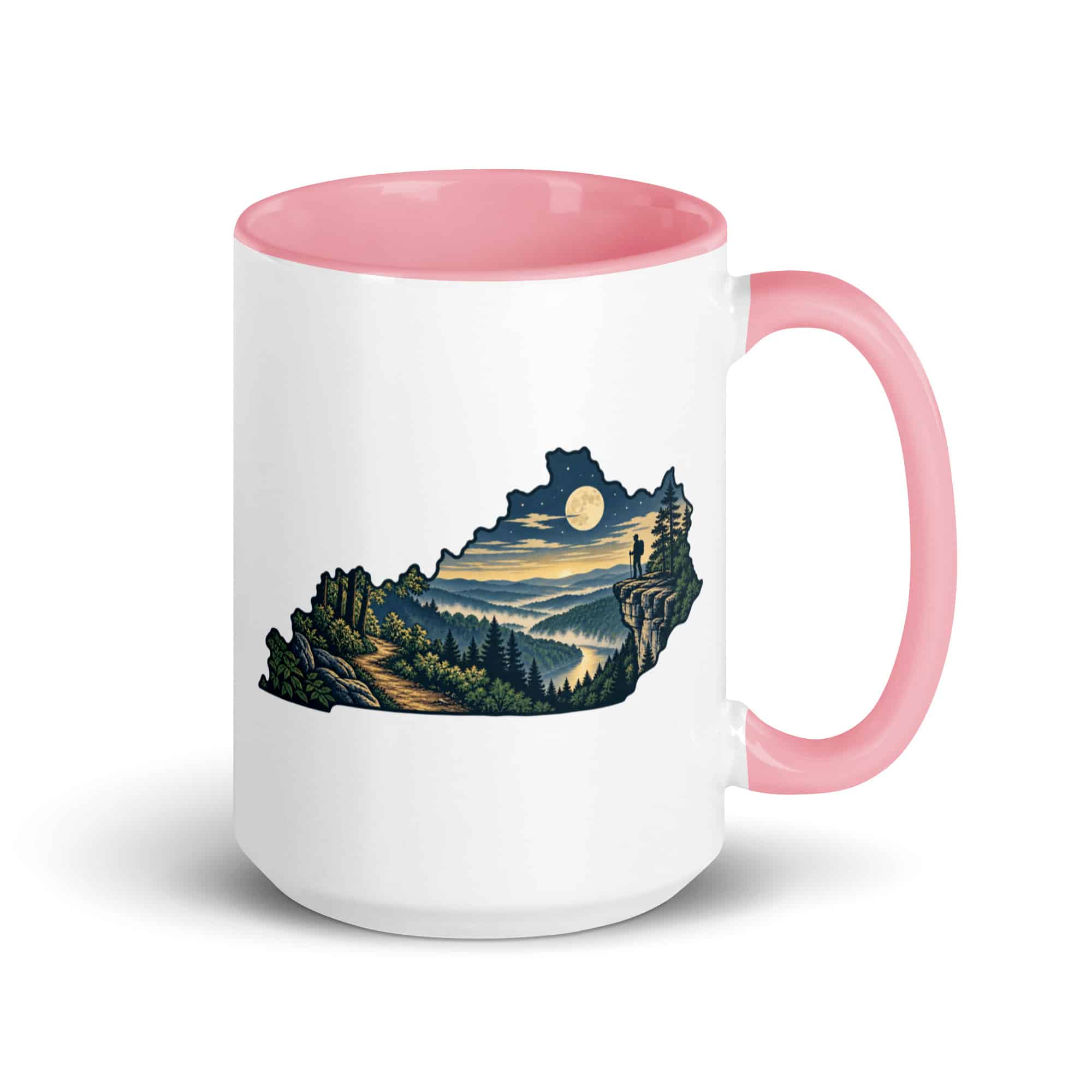 Kentucky Color Inside Coffee Mug: Forest trail and hiking silhouette, Illustrated Kentucky Silhouette