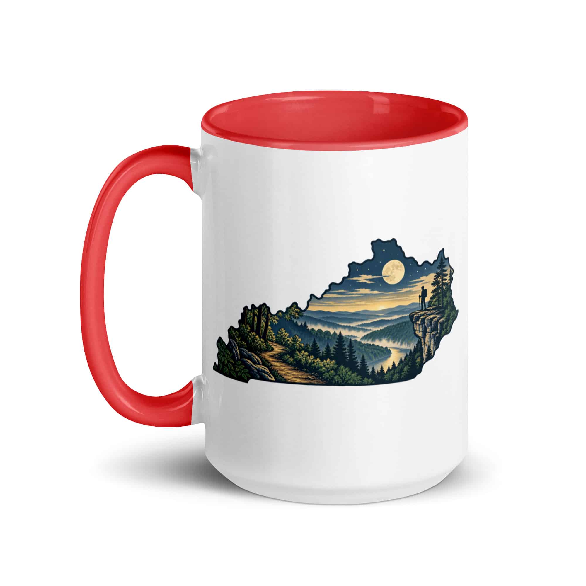 Kentucky Color Inside Coffee Mug: Forest trail and hiking silhouette, Illustrated Kentucky Silhouette