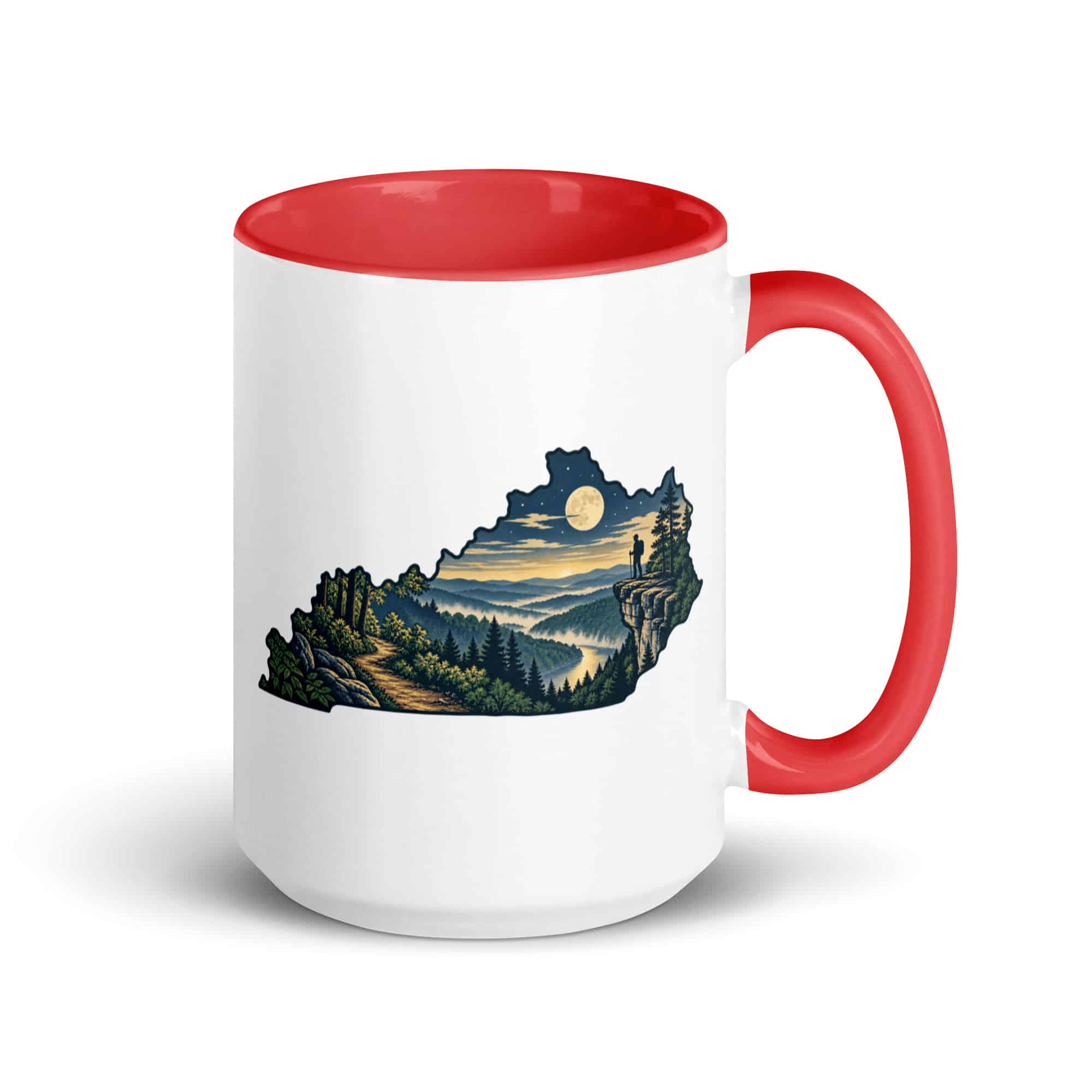 Kentucky Color Inside Coffee Mug: Forest trail and hiking silhouette, Illustrated Kentucky Silhouette