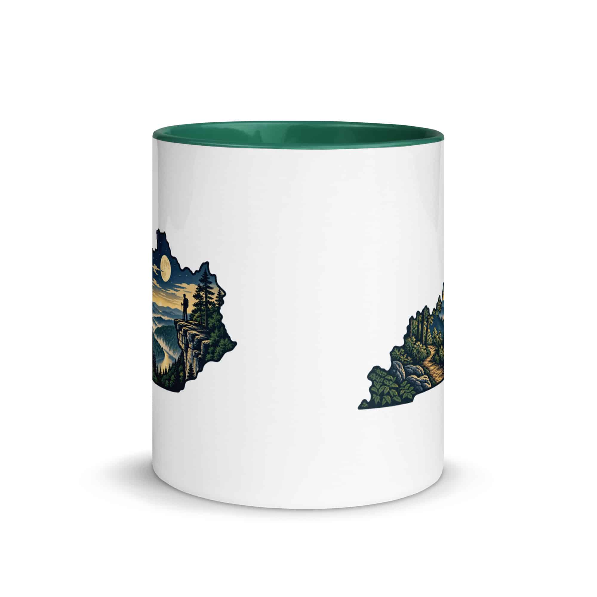 Kentucky Color Inside Coffee Mug: Forest trail and hiking silhouette, Illustrated Kentucky Silhouette
