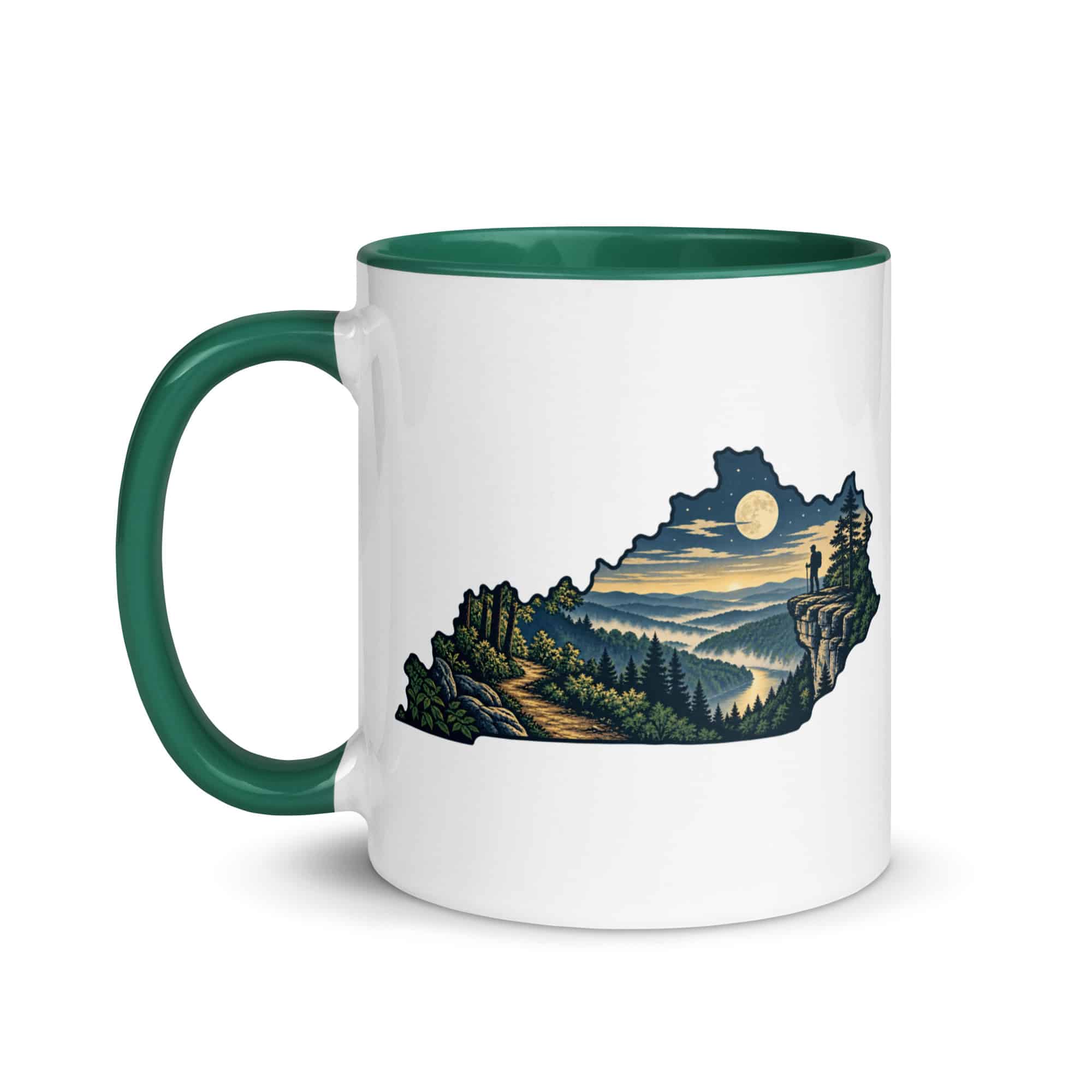 Kentucky Color Inside Coffee Mug: Forest trail and hiking silhouette, Illustrated Kentucky Silhouette