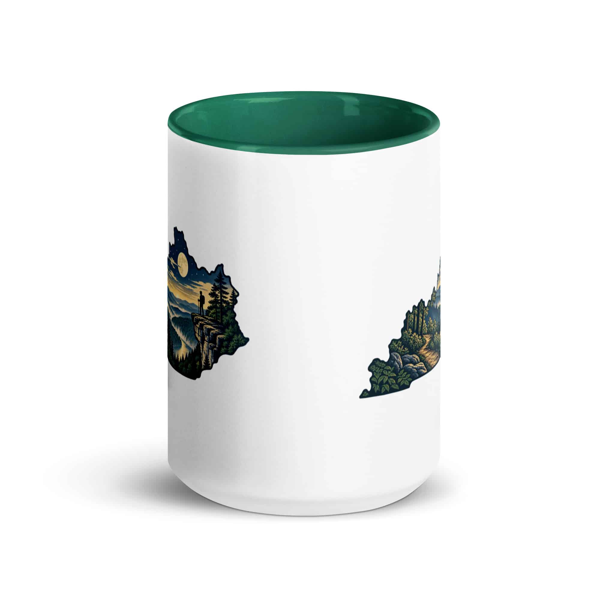 Kentucky Color Inside Coffee Mug: Forest trail and hiking silhouette, Illustrated Kentucky Silhouette