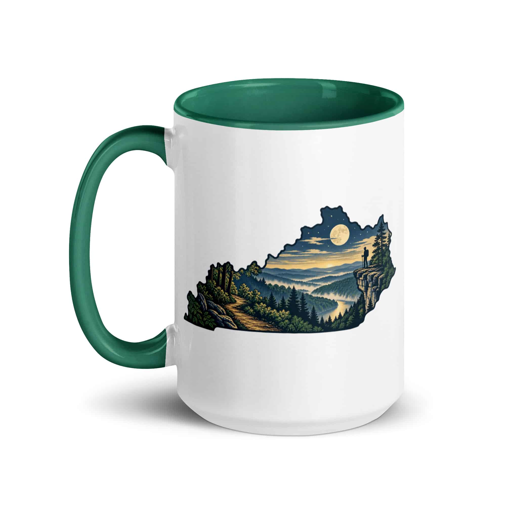 Kentucky Color Inside Coffee Mug: Forest trail and hiking silhouette, Illustrated Kentucky Silhouette