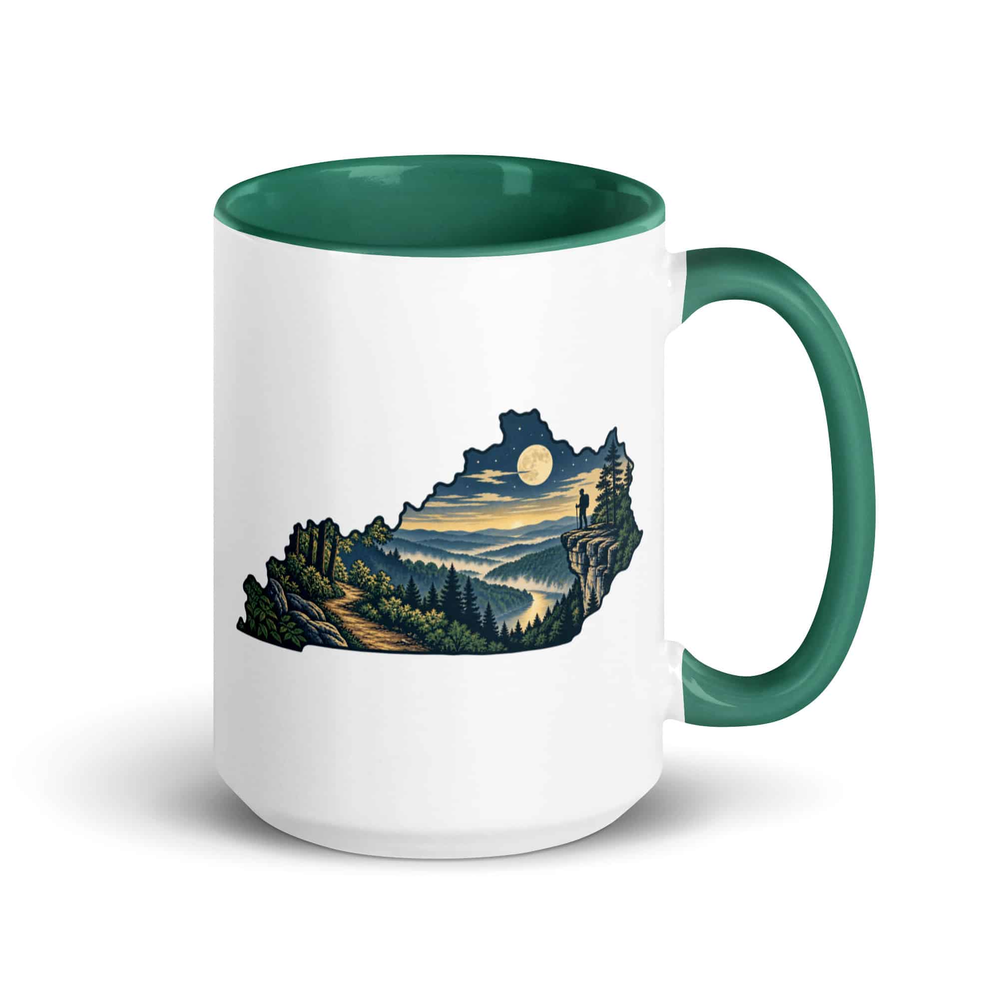 Kentucky Color Inside Coffee Mug: Forest trail and hiking silhouette, Illustrated Kentucky Silhouette