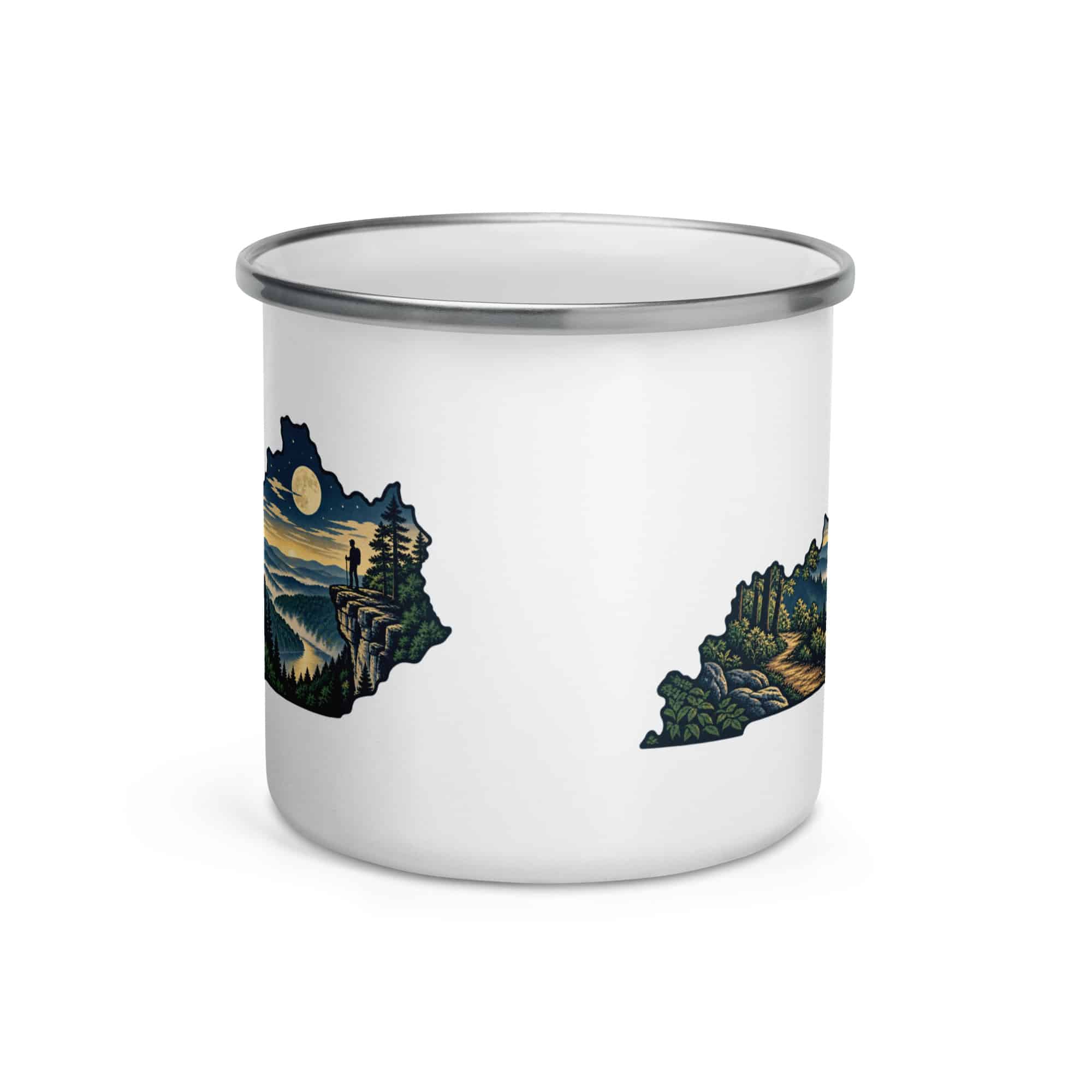 Kentucky Enamel Camp Mug: Forest trail and hiking silhouette, Illustrated Kentucky Silhouette