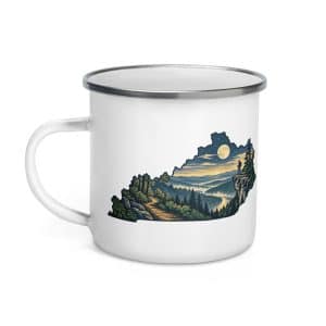 Kentucky Enamel Camp Mug: Forest trail and hiking silhouette, Illustrated Kentucky Silhouette - 12 oz - Left