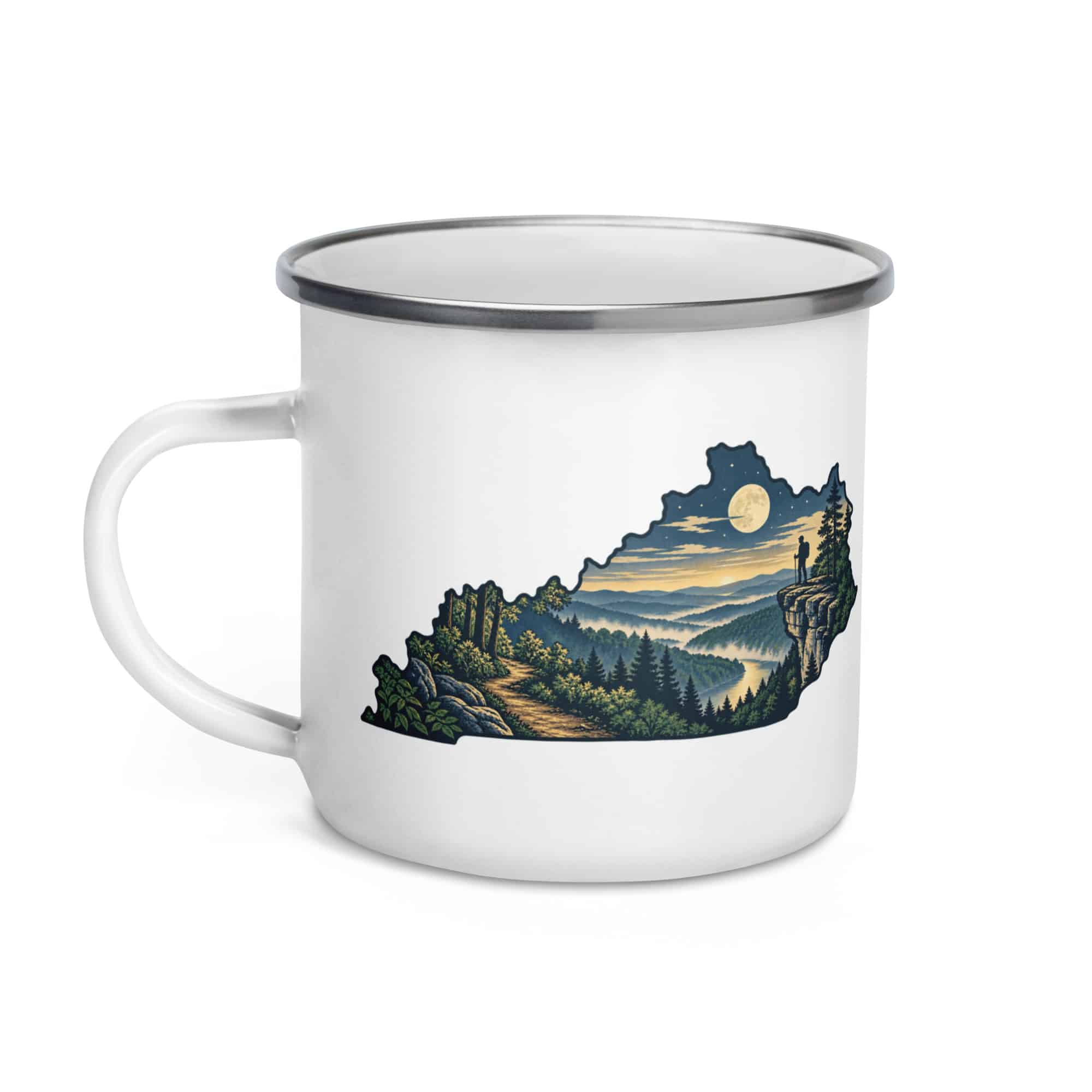 Kentucky Enamel Camp Mug: Forest trail and hiking silhouette, Illustrated Kentucky Silhouette
