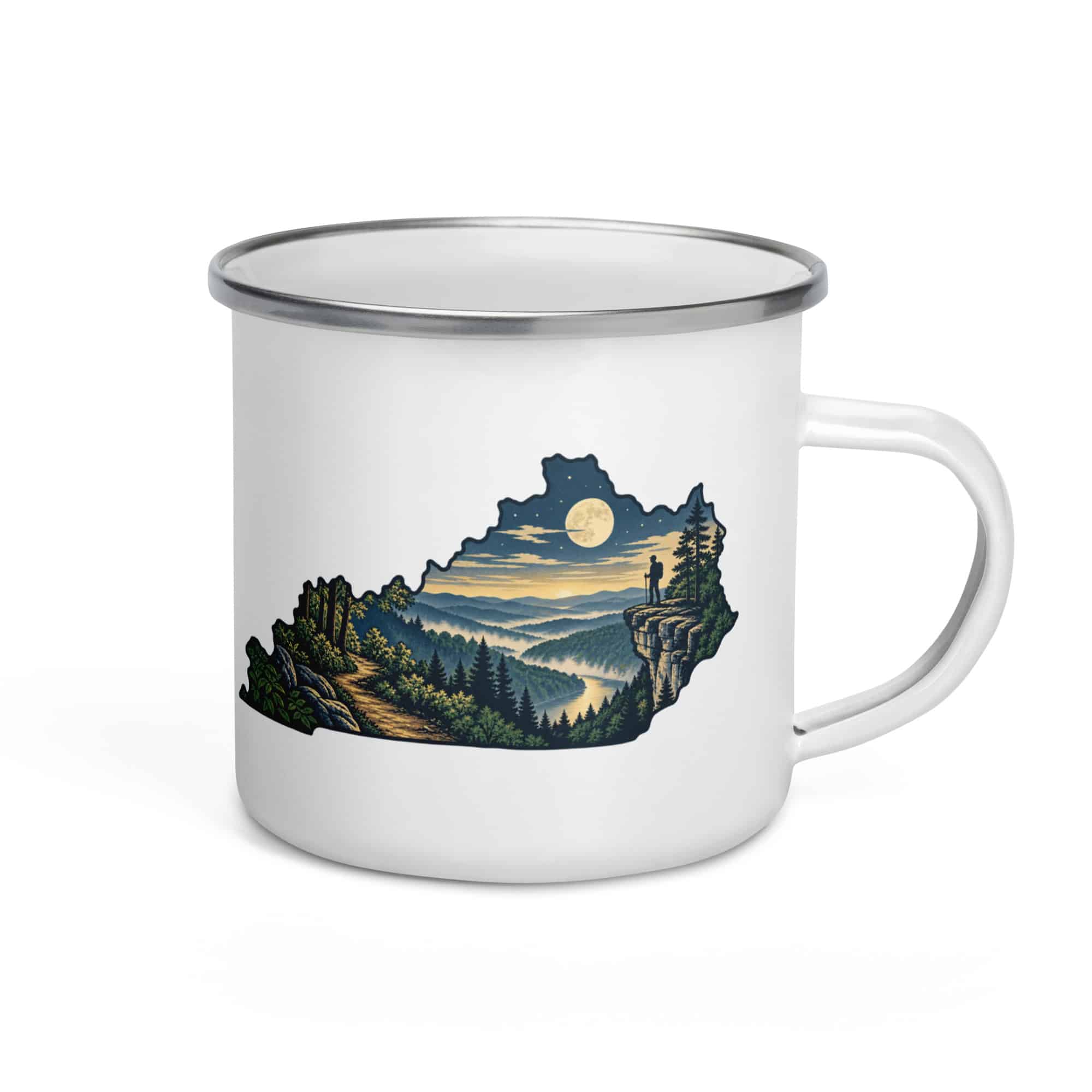 Kentucky Enamel Camp Mug: Forest trail and hiking silhouette, Illustrated Kentucky Silhouette