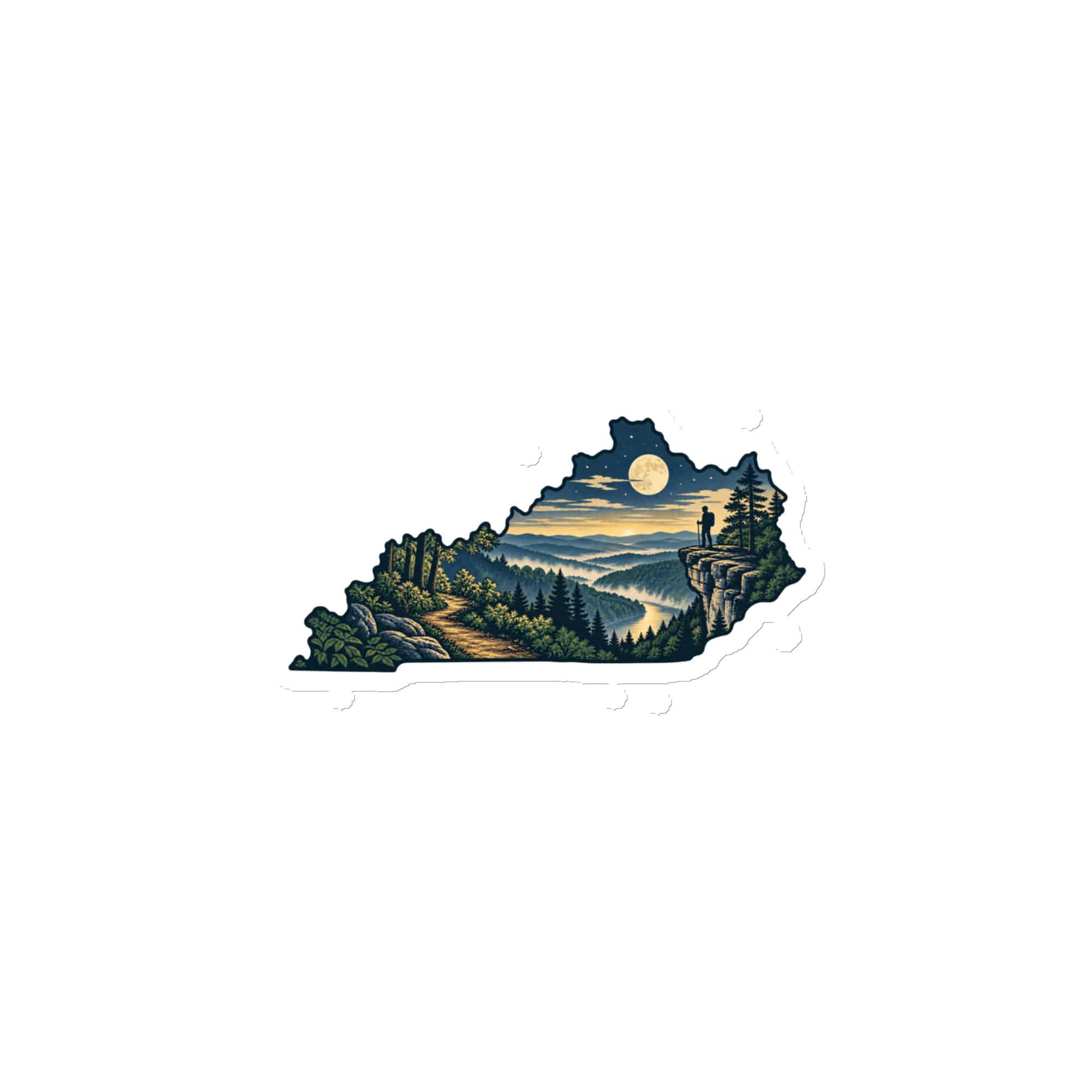 Kentucky Die-Cut Magnet: Forest trail and hiking silhouette, Illustrated Kentucky Silhouette