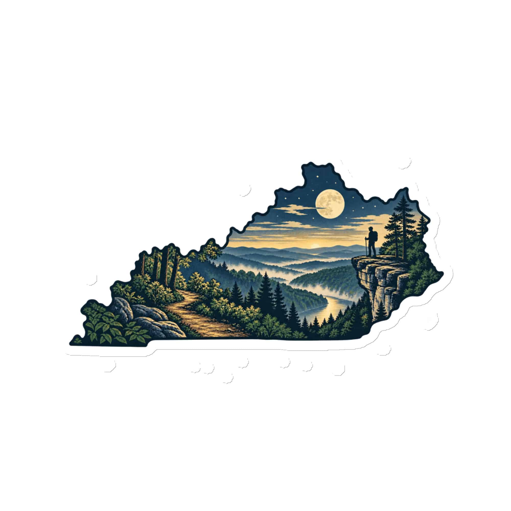 Kentucky Die-Cut Magnet: Forest trail and hiking silhouette, Illustrated Kentucky Silhouette