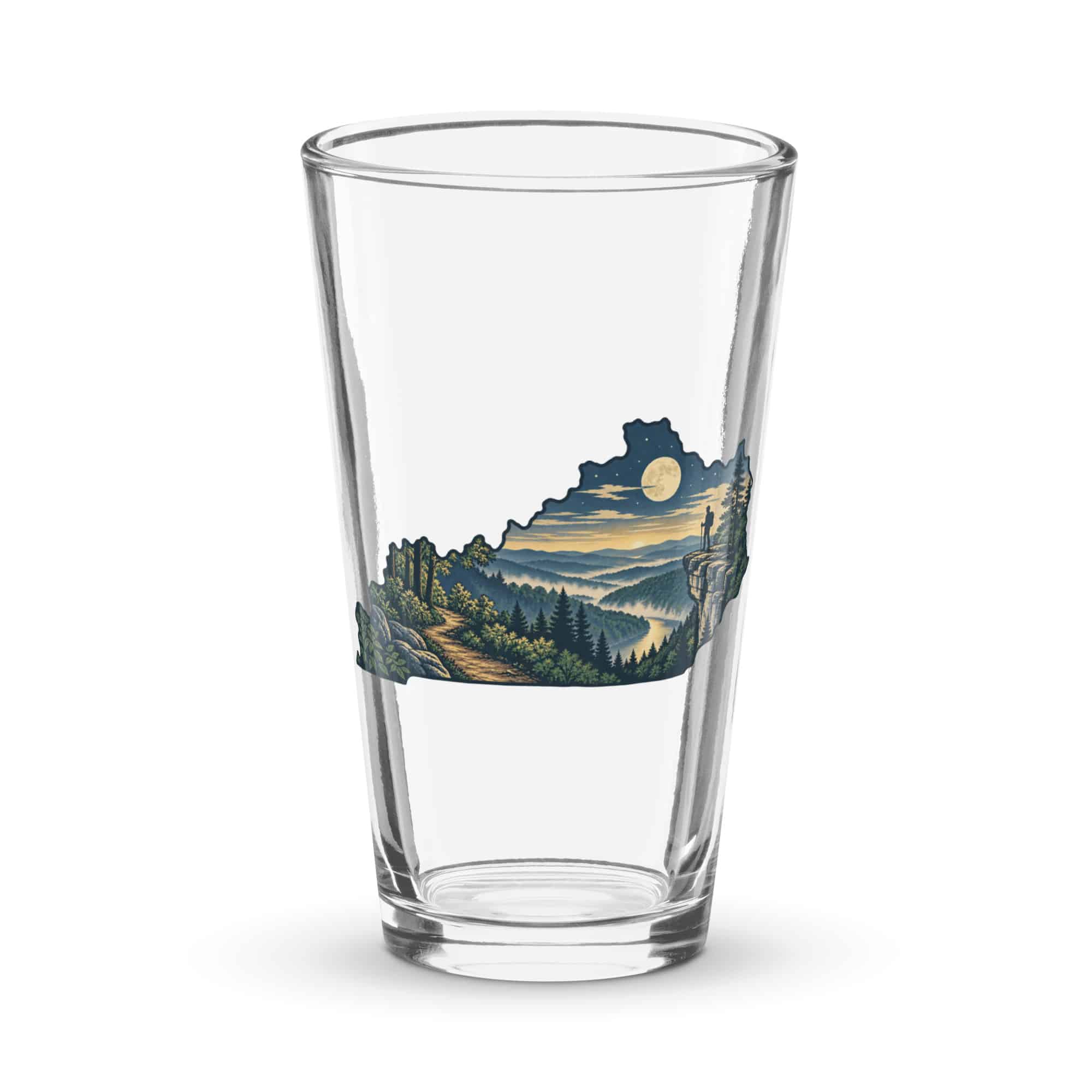 Kentucky Pint Glass: Forest trail and hiking silhouette, Illustrated Kentucky Silhouette