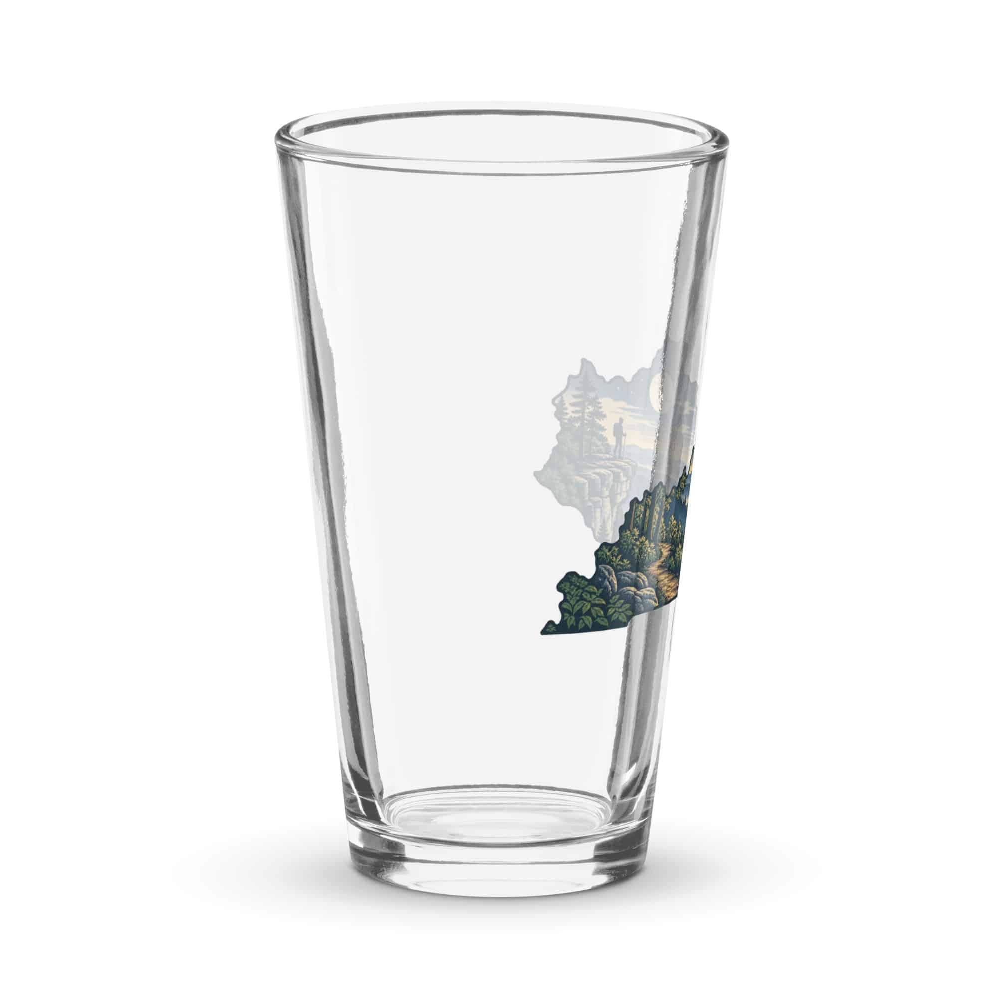 Kentucky Pint Glass: Forest trail and hiking silhouette, Illustrated Kentucky Silhouette