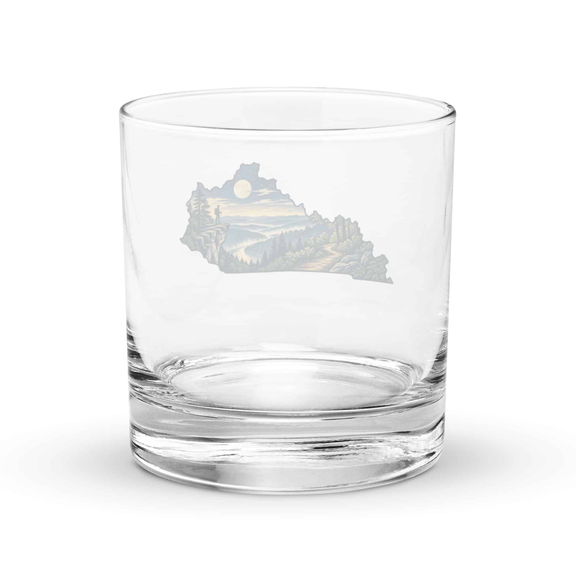 Kentucky Rocks Glass: Forest trail and hiking silhouette, Illustrated Kentucky Silhouette