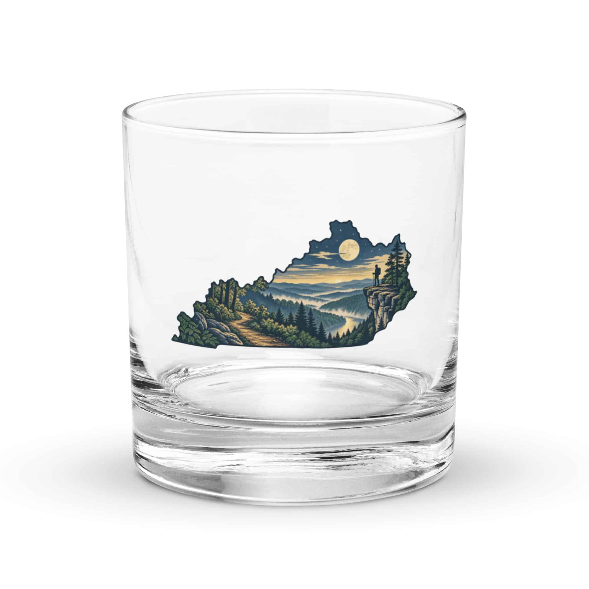 Kentucky Rocks Glass: Forest trail and hiking silhouette, Illustrated Kentucky Silhouette