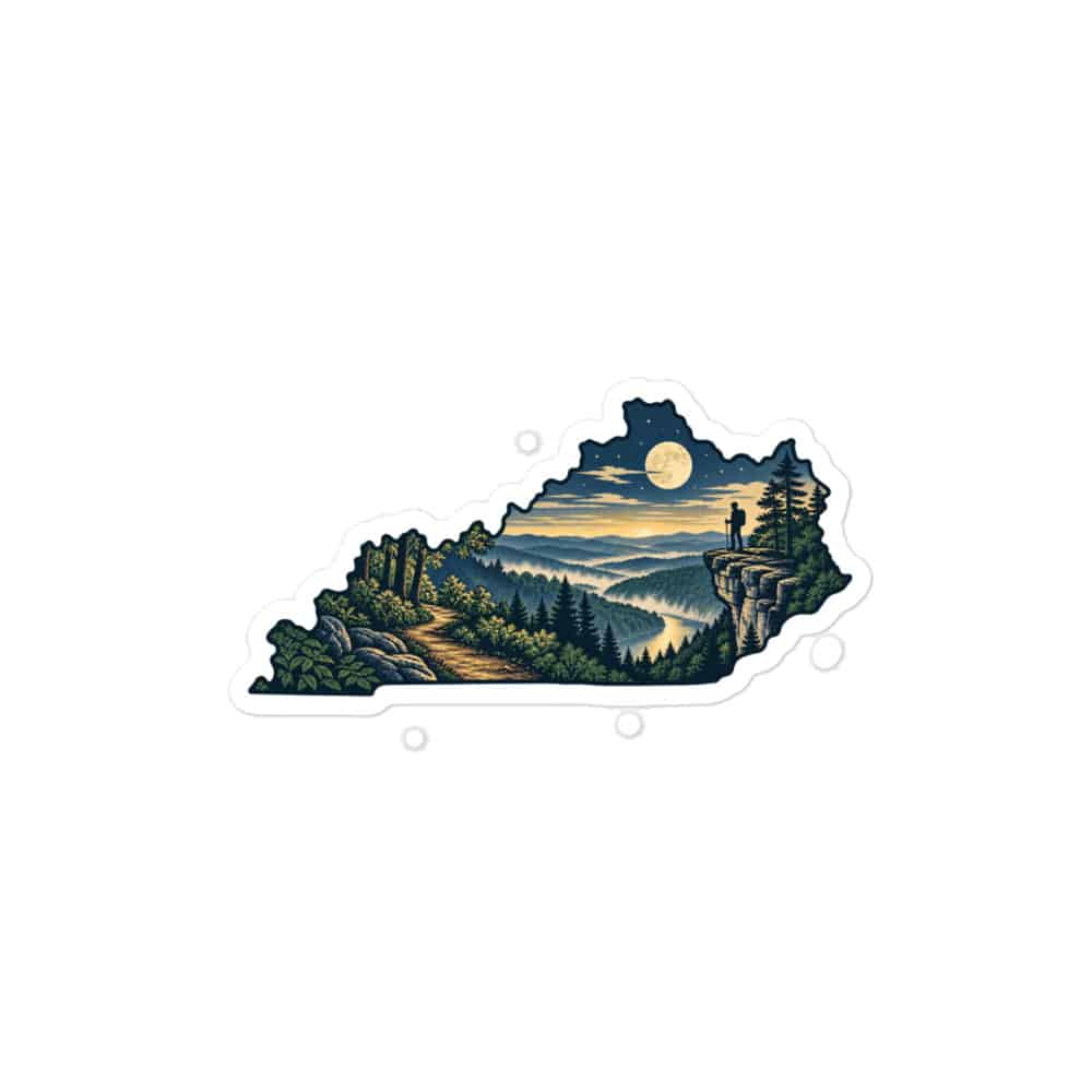 Kentucky Vinyl Sticker: Forest trail and hiking silhouette, Illustrated Kentucky Silhouette