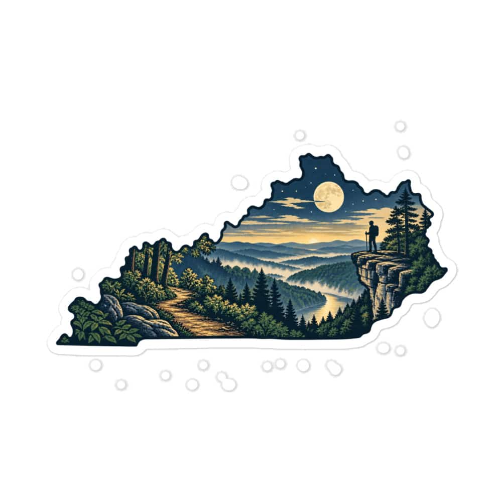 Kentucky Vinyl Sticker: Forest trail and hiking silhouette, Illustrated Kentucky Silhouette