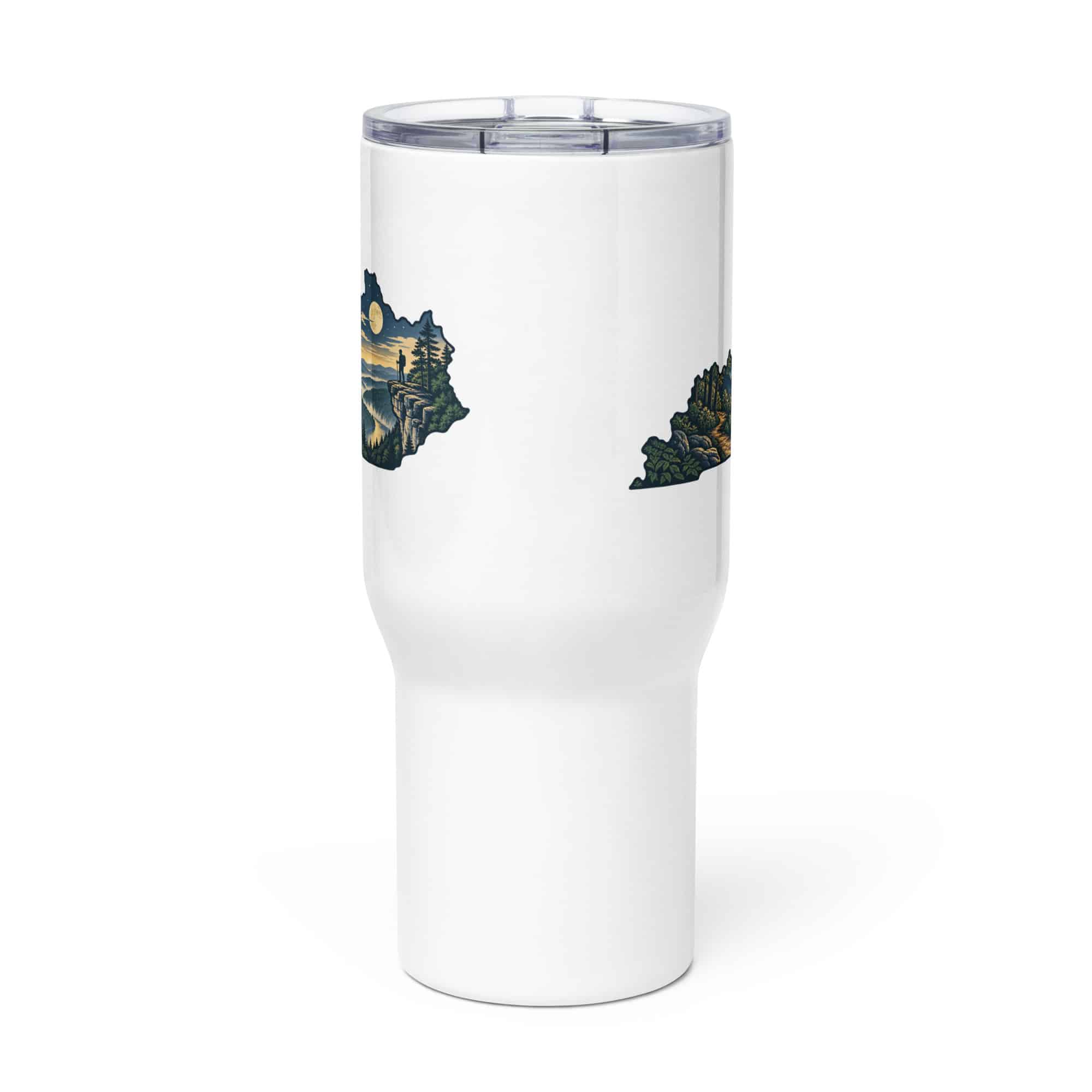 Kentucky Travel Mug: Forest trail and hiking silhouette, Illustrated Kentucky Silhouette