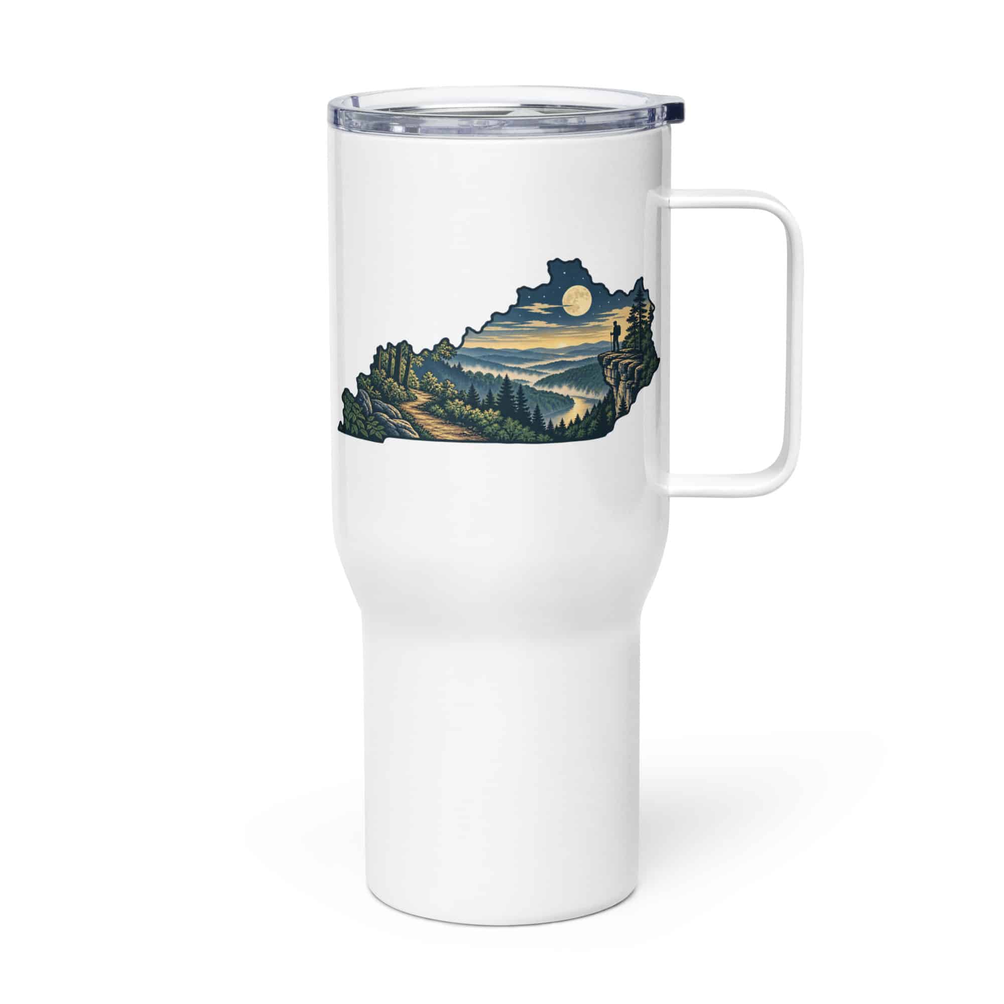 Kentucky Travel Mug: Forest trail and hiking silhouette, Illustrated Kentucky Silhouette