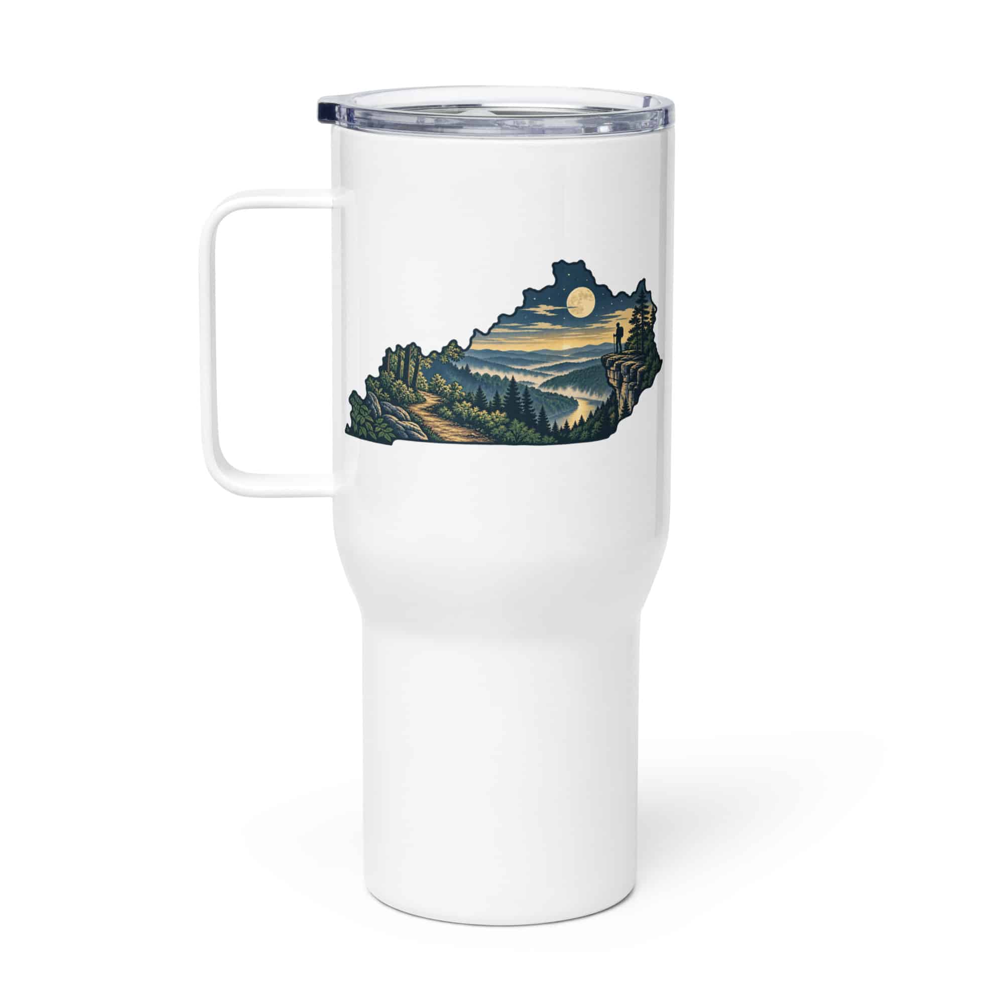Kentucky Travel Mug: Forest trail and hiking silhouette, Illustrated Kentucky Silhouette